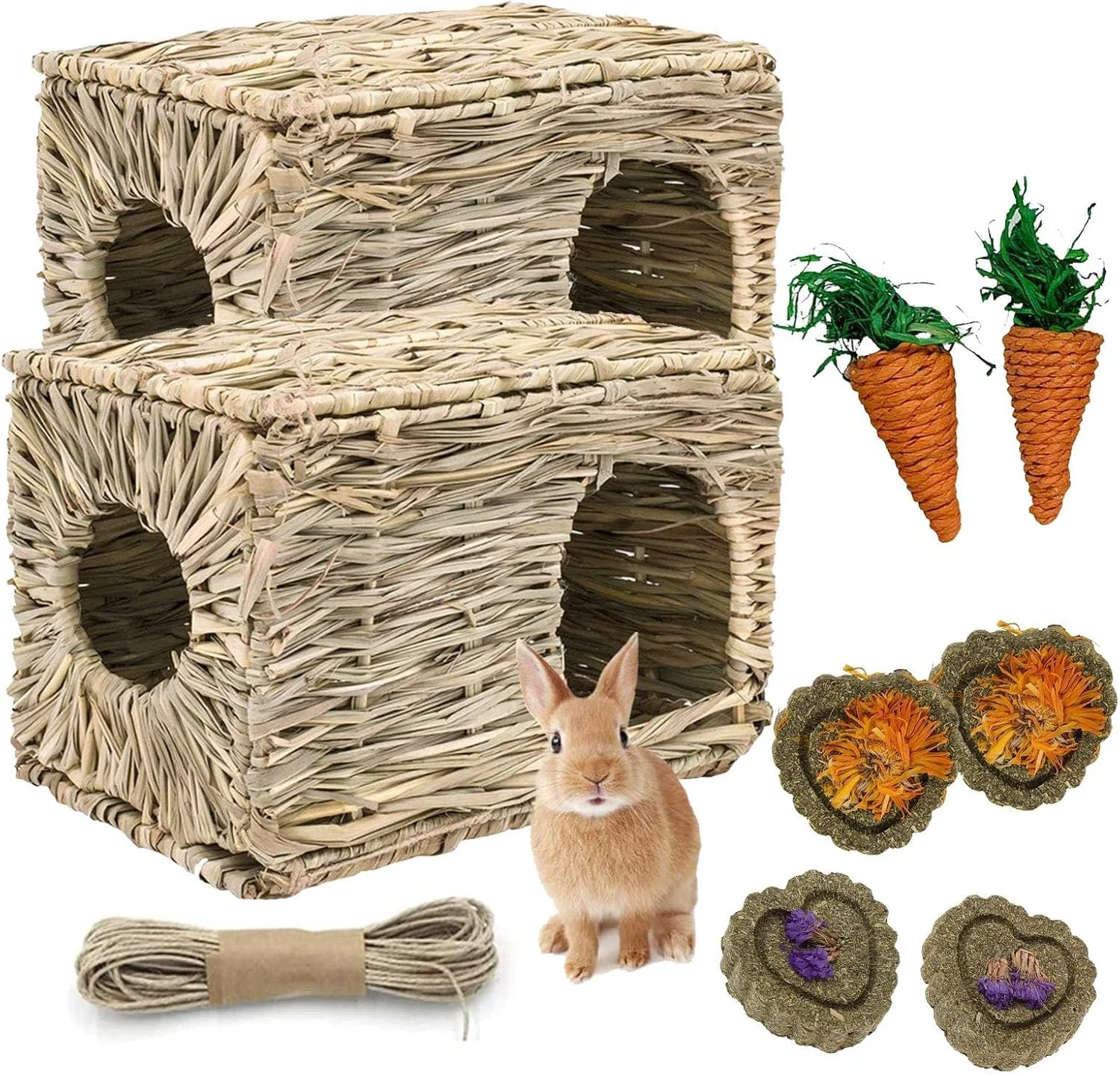 Modern kathson 2 Pcs Large Rabbit Grass House Natural Foldable Hand Woven Seagrass Bed Carrot Hay Toy Hut Safe Comfortable Playhouse with Bunny Chew Toys for Bunny Hamster Guinea Pig Chinchilla Ferret Premium