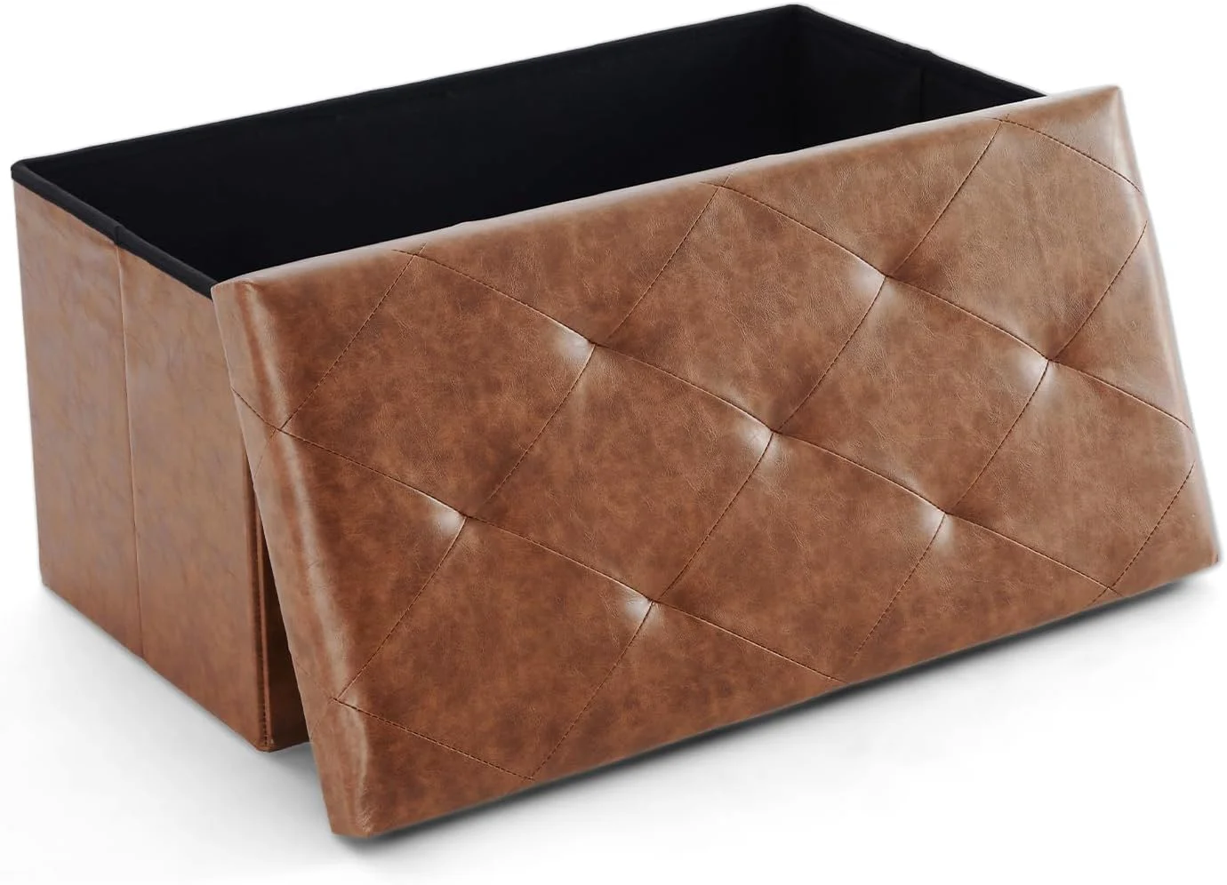 Premium Sweetcrispy 30 Inches Folding Ottoman with Storage Bench Foot Rest Stool End of Bed Storage Bench Upholstered Load 660 lbs for Living Room Synthetic Leather Brown Convenient