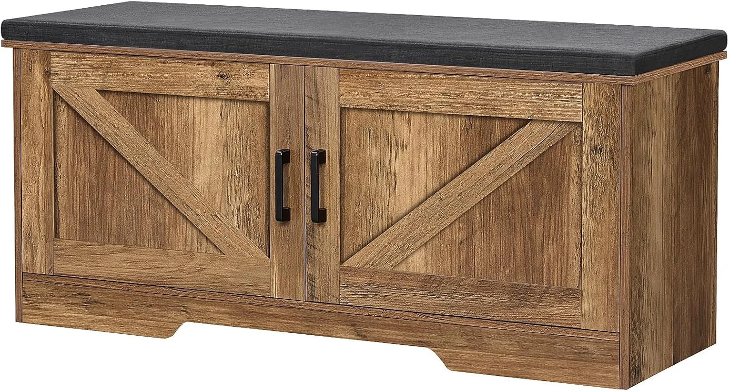 Fashionable 2-Tier Storage Bench Shoe Bench with Padded Seat Cushion Entryway Bench with 2 Barn Doors Adjustable Shelf 13.8 D x 39.4 W x 17.7 H for Entryway Living Room Bedroom Rustic Walnut Soft