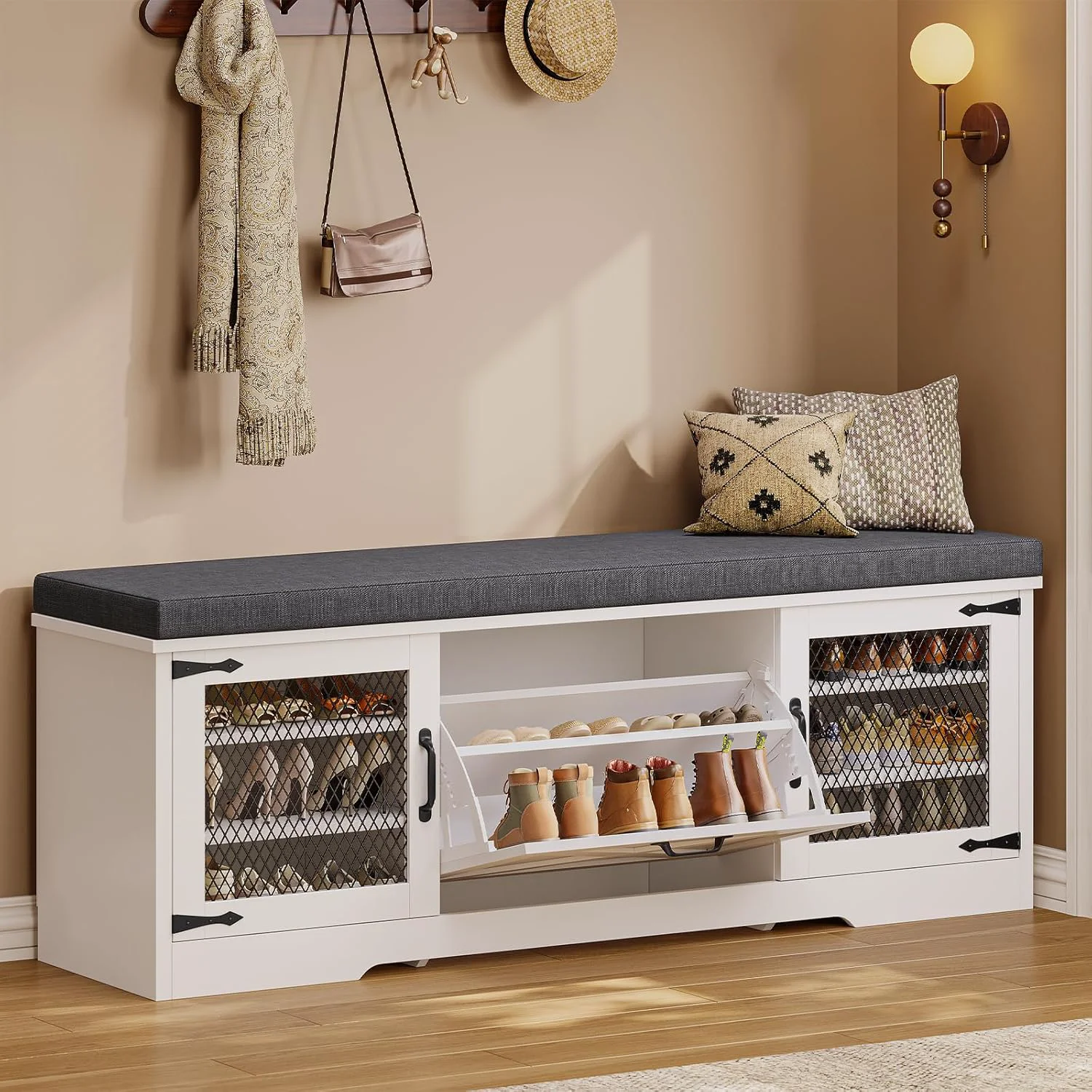 Innovative Farmhouse Storage Bench with Flip Drawers Padded Seat Cushion Half Hidden Shoe Rack Organizer Adjustable Shelf Shoe Cabinet for Large Family Entryway Bedroom Living Room White World-Class