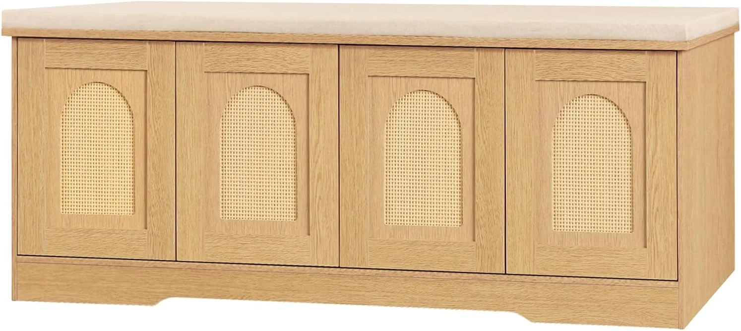 DINZI LVJ Shoe Bench Entryway Storage Bench with Doors Cushion 2-Tier Shoe Rack with 8-Cubby 47.2 L x 13.8 W Shoe Organizer Cabinet Adjustable Shelf Living Room Bedroom Natural with Rattan Optimized