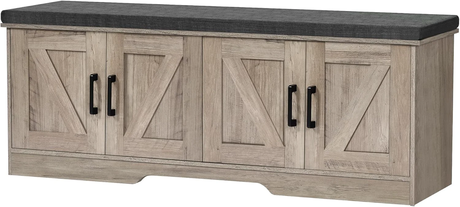 Exclusive 2-Tier Storage Bench Shoe Bench with Padded Seat Cushion Entryway Bench with 4 Barn Doors Adjustable Shelf 13.8 D x 47.2 W x 17.7 H for Entryway Living Room Bedroom Greige Premium