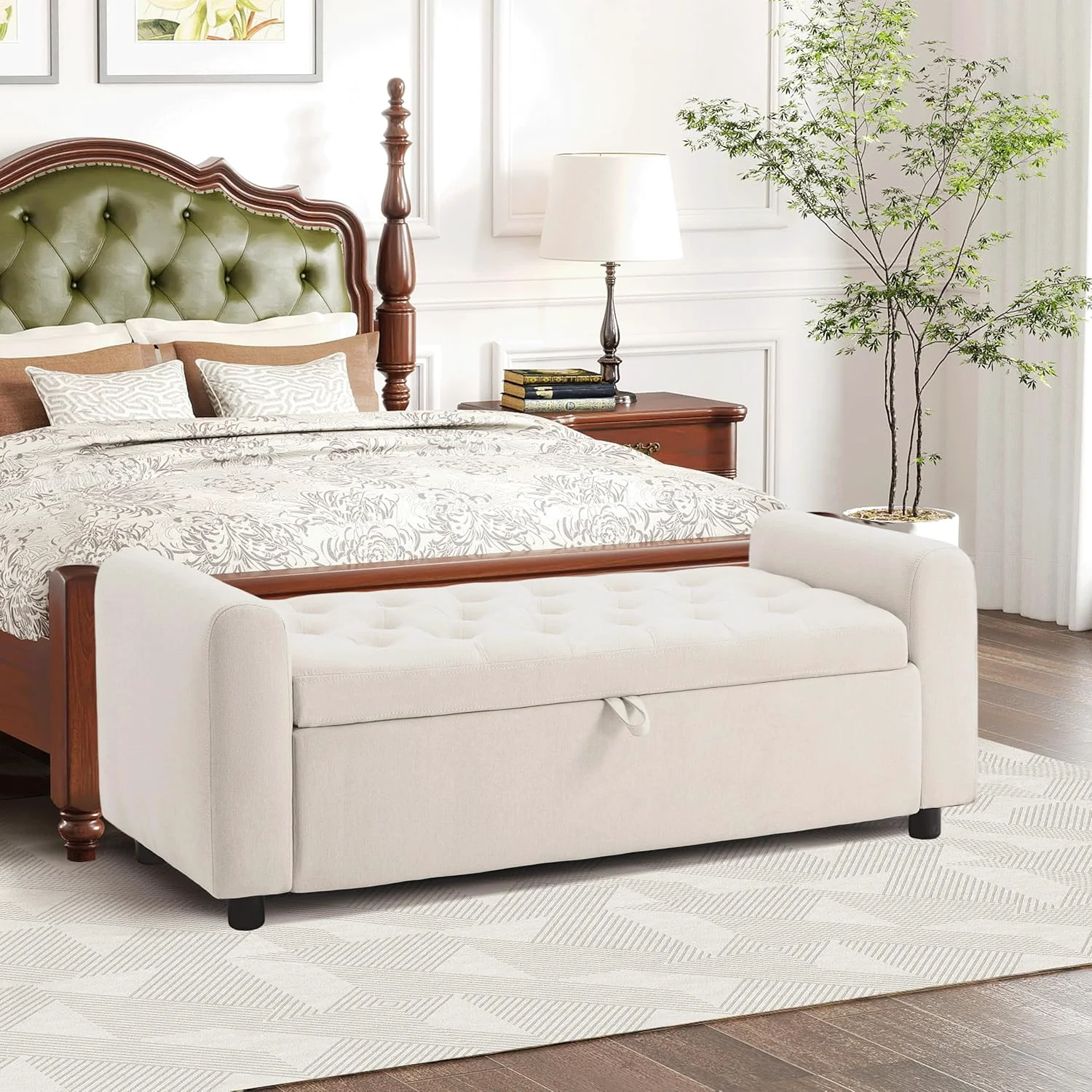 Relaxed Ottoman with Storage Tufted Storage Bench for Bedroom 48 Fabrics End of Bed Bench Upholstered Entryway Shoe Benches with Rolled Arm Inner Zipper Window Ottomans Chest without Rivets Beige Exceptional