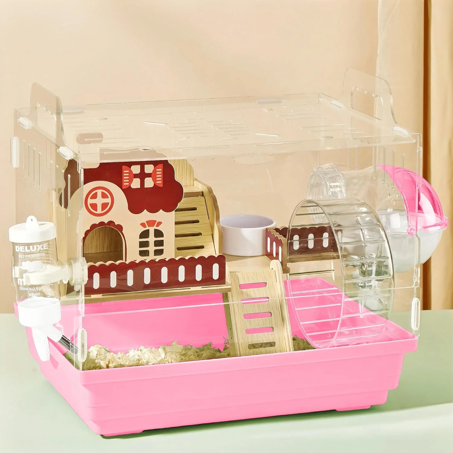 High-Quality 8 in 1 Clear Acrylic Hamster Cage with All Accessories 13.5''L 10''W 13''H Dwarf Hamster Cage Small Hamster Habitat Garden Style Mouse Cage for Pet Mice Hamster Enclosure 1-Layer Pink Soft