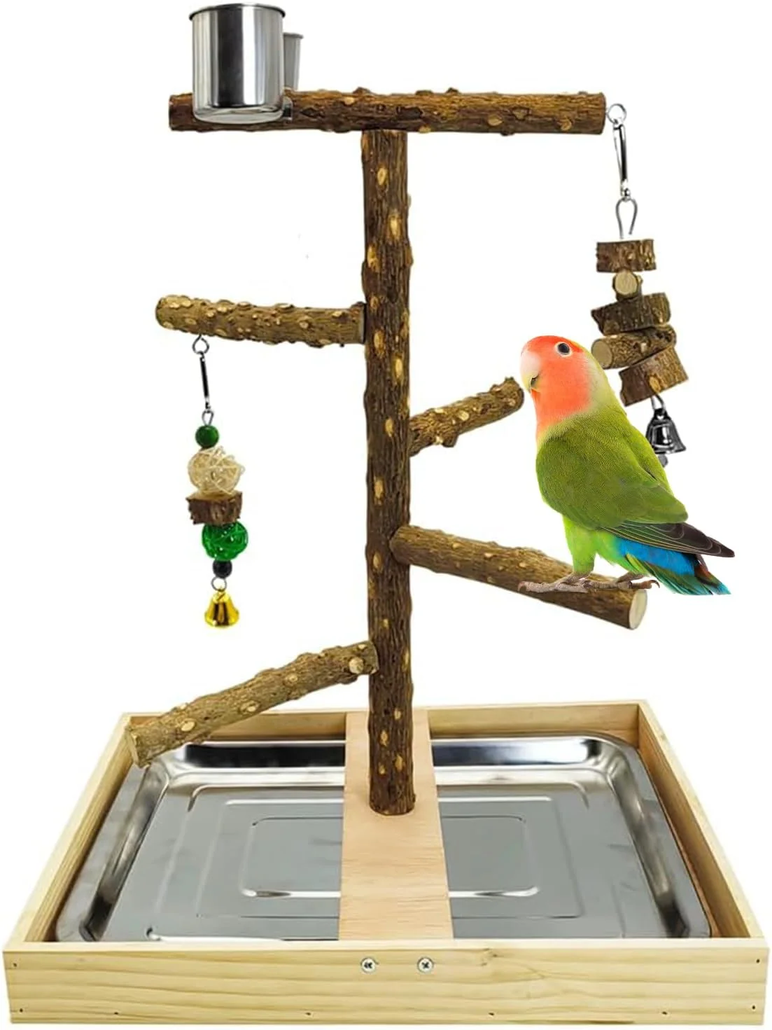 Prestigious Tfwadmx Bird Perch Natural Wood Stand Toy Parrot Play Stand Platform Bird Cage with Removable Tray and 2 Stainless Steel Cups for Parakeets Canaries Cockatiels Conure Lovebirds Relaxed