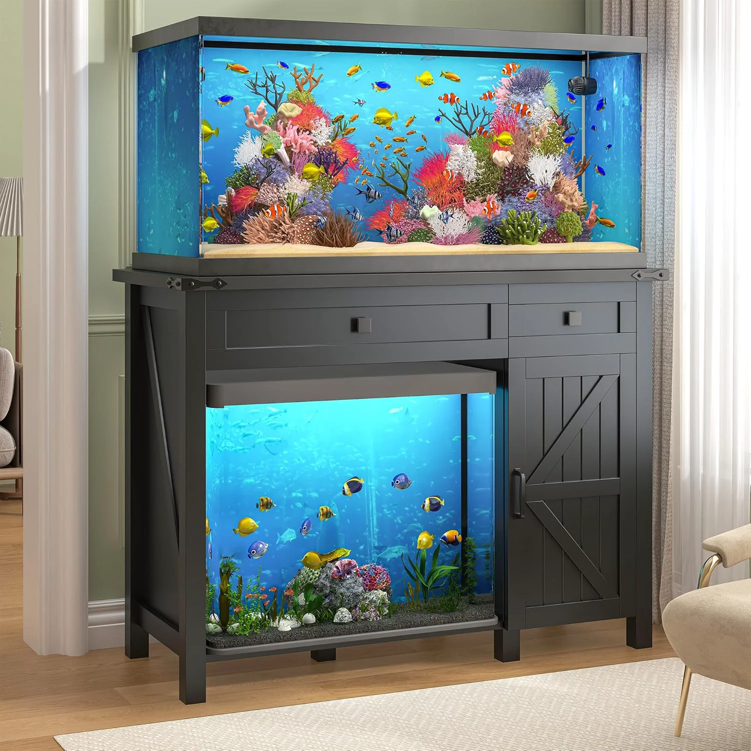 Premium Material 40 Gallon Aquarium Stand With Charging Station Farmhouse Fish Tank Stand Reptile Tank Stand Terrarium Stand with Drawer and Cabinet Storage Sturdy Heavy Duty 41.9 ×18.3 Tabletop - Black Optimized