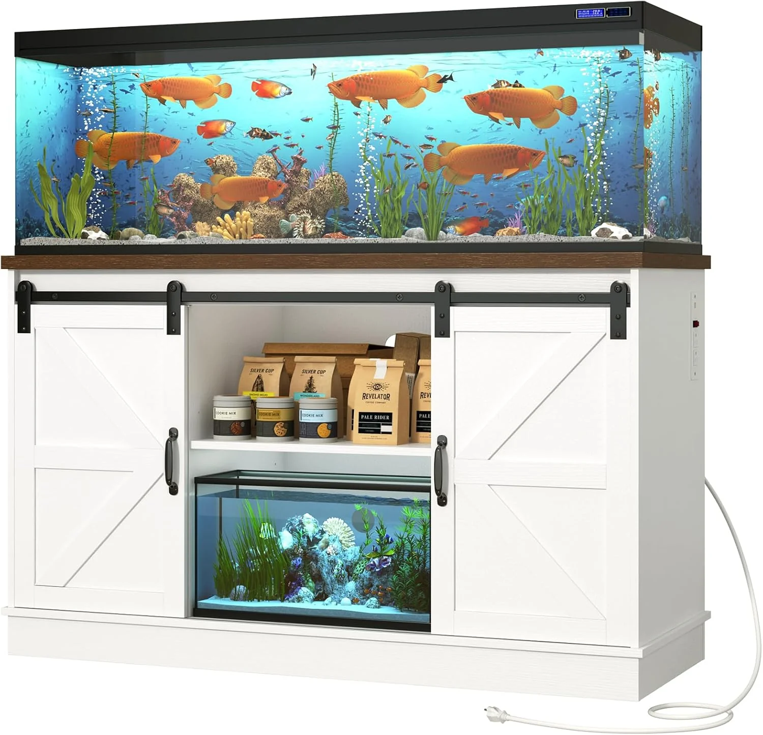 Green Farmhouse 55-75 Gallon Fish Tank Stand with Power Outlet Aquarium Stand with Cabinet Sliding Barn Door Heavy Duty Reptile Tank Stand for 2 Fish Tank Turtle Tank Reptile Terrarium White Breathable