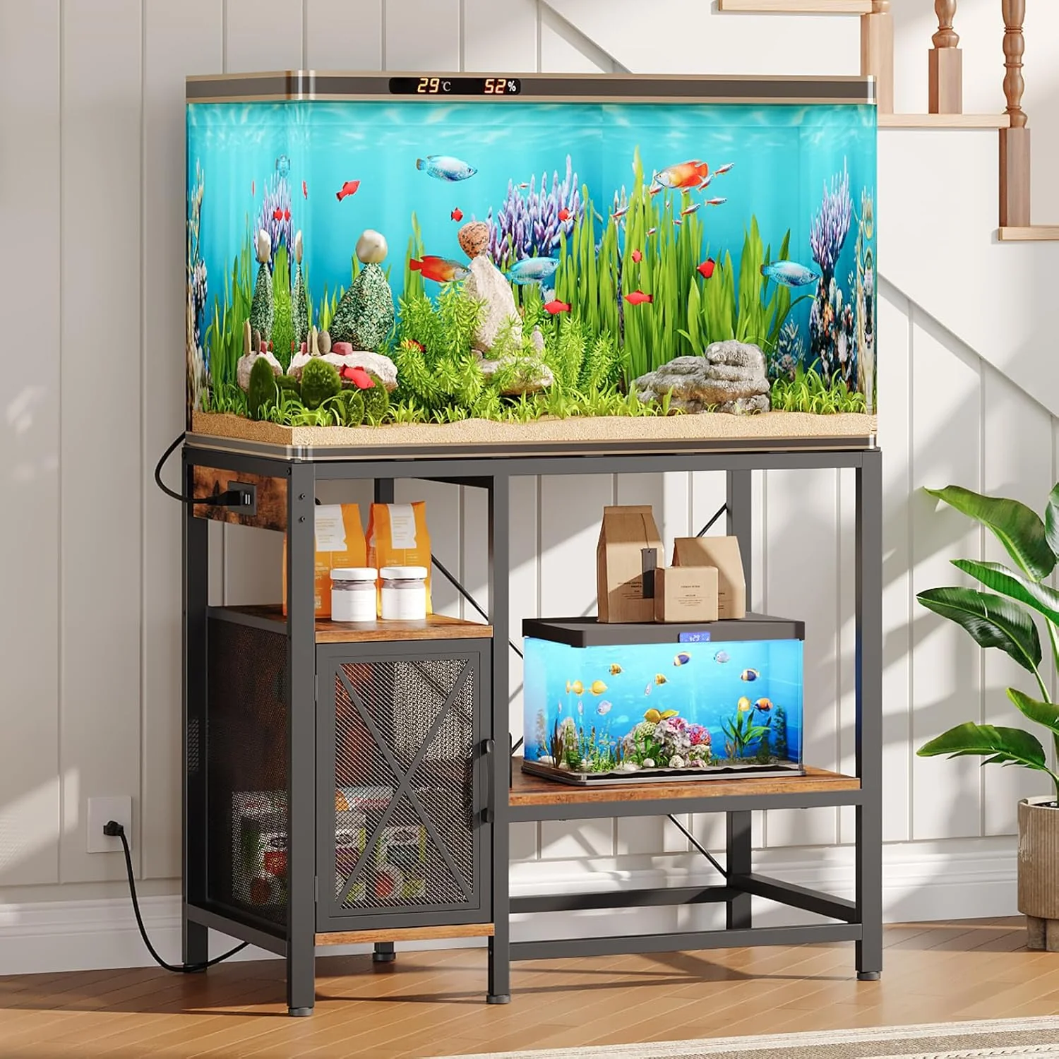 Expertly Made 40-50 Gallon Fish Tank Stand Aquarium Stand with Power Outlet and Storage Cabinet Heavy Duty Tank Stand Suitable for Turtle Tank Reptile Terrarium for Home Office Rustic Brown FTHR50E01 Pure