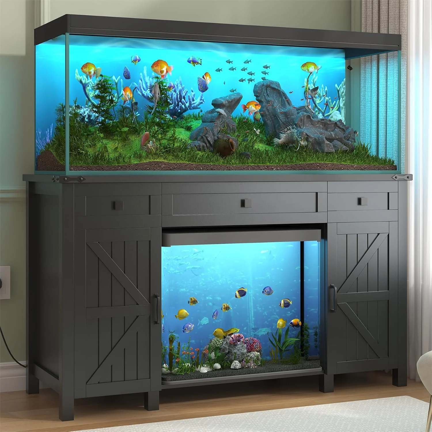 Pure 55-75 Gallon Aquarium Stand With Charging Station Farmhouse Fish Tank Stand Reptile Tank Stand Terrarium Stand with Drawer and Cabinet Storage Sturdy Heavy Duty 53.5 ×19.7 Tabletop - Black Convenient