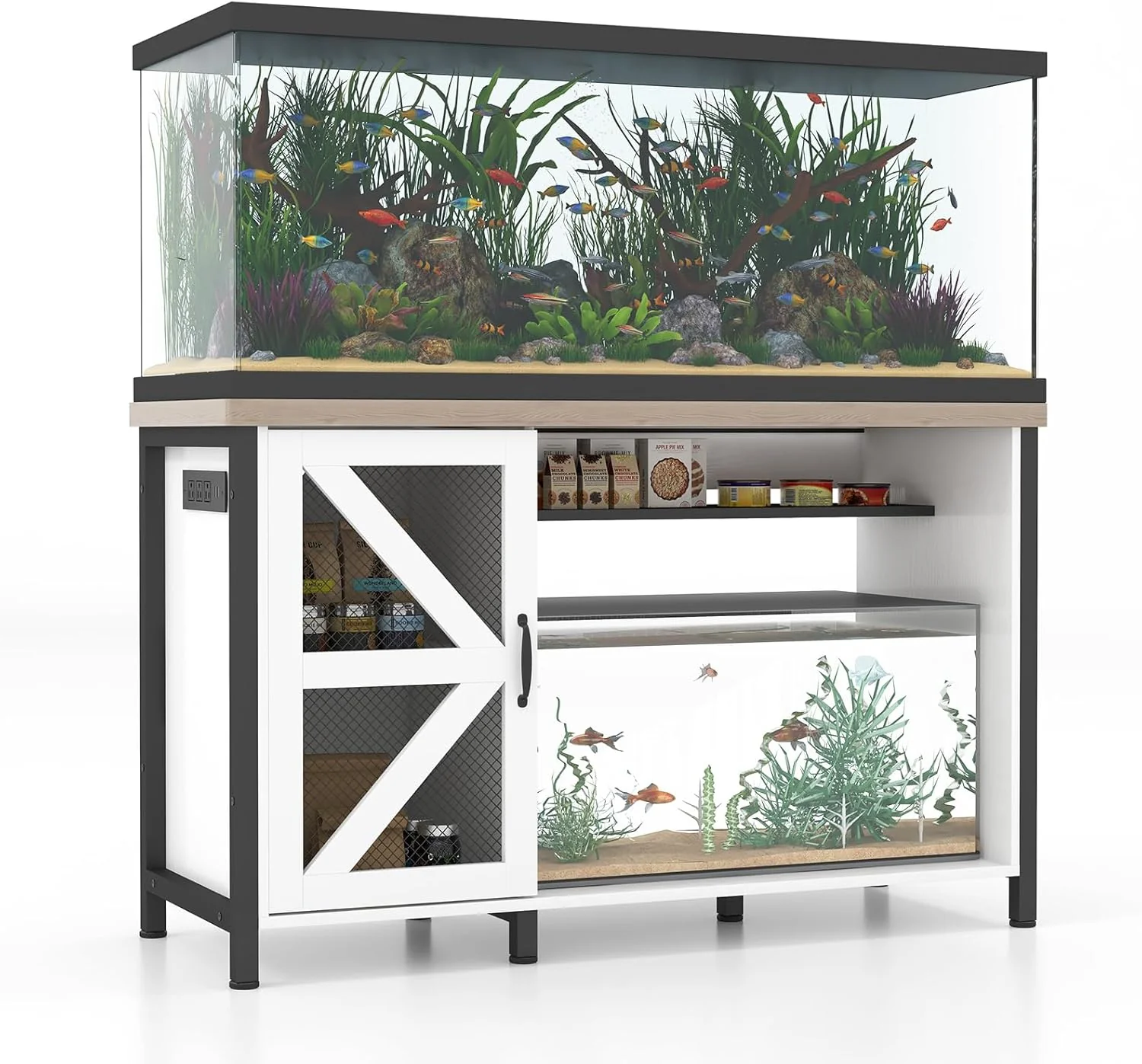 Next-Generation Verano 55-75 Gallon Aquarium Stand with Cabinet Fish Tank Cabinet with Power Outlets LED Light Modern Turtle Tank Stand 52 inch x 19.7-inch Desktop Heavy Duty Metal Frame 1100LBS Capacity White Powerful