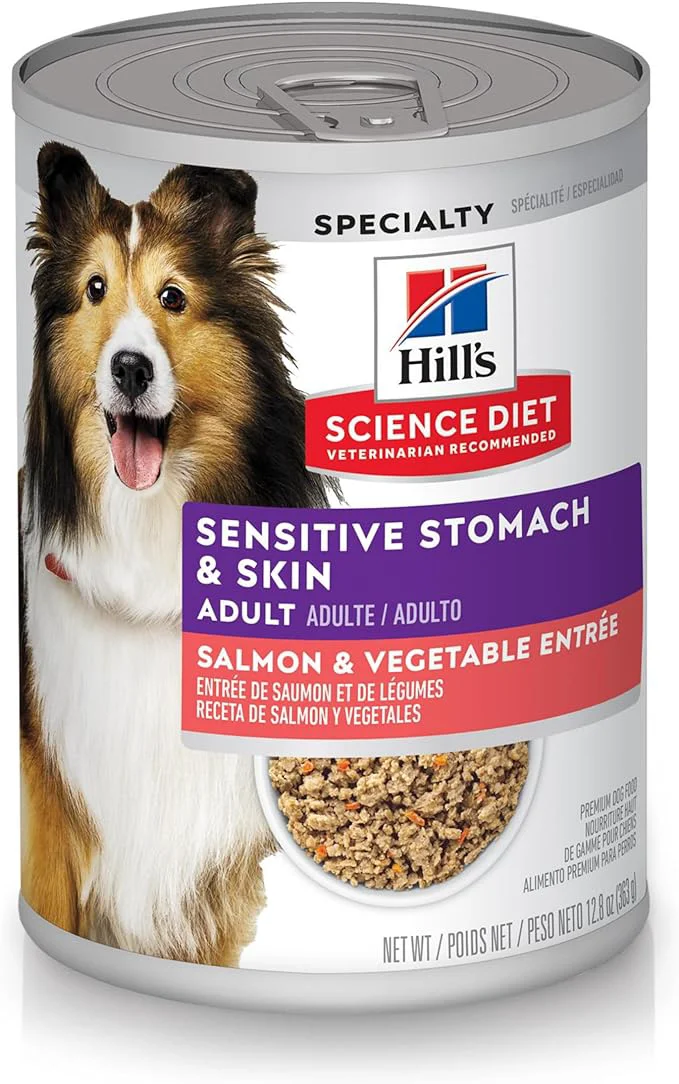 Responsible Hill's Science Diet Sensitive Stomach Skin Adult 1-6 Stomach Skin Sensitivity Support Wet Dog Food Salmon Vegetables Loaf 12.8 oz Can Case of 12About This Relaxed