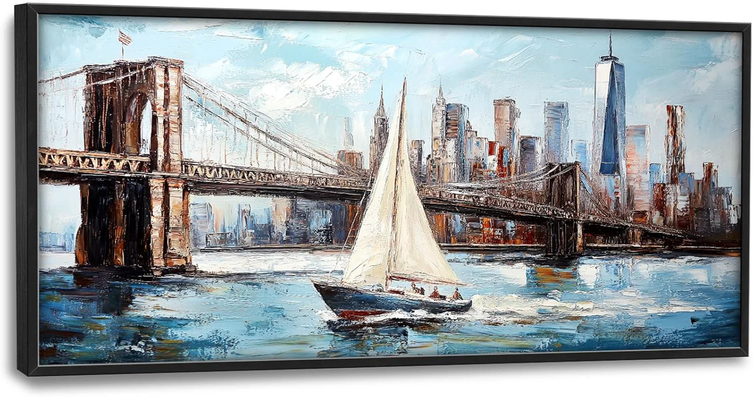 Professional Extra Large Sailboat Framed Wall Art for Living Room Oversized New York Brooklyn Bridge Pictures Wall Decor Cityscape Canvas Print Painting Modern Artwork Bedroom Office Bathroom 60L x 30W Exclusive