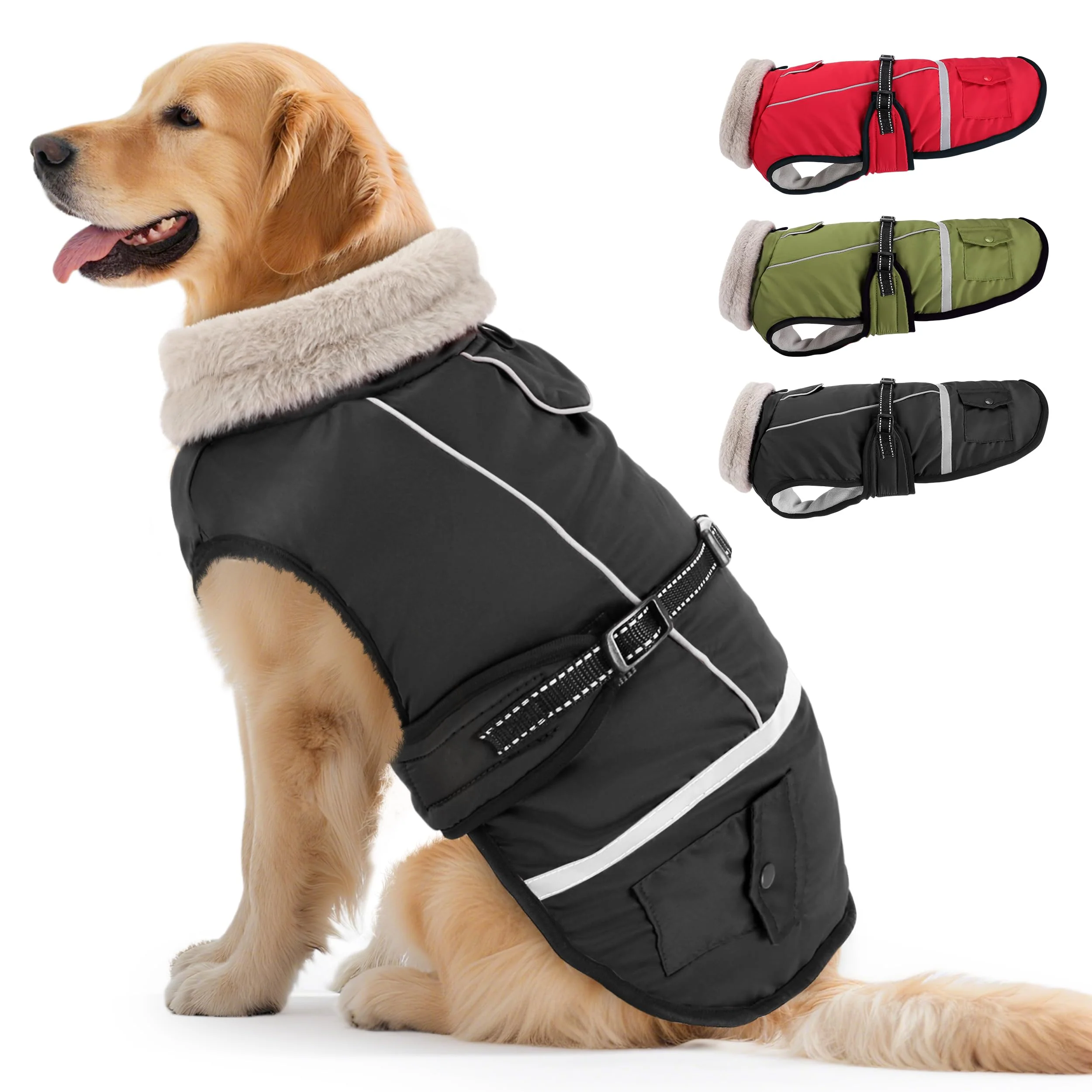 High-Grade FURTIME Dog Coat Warm Waterproof Winter Jacket with Reflective Fleece Vest Large Dogs Green