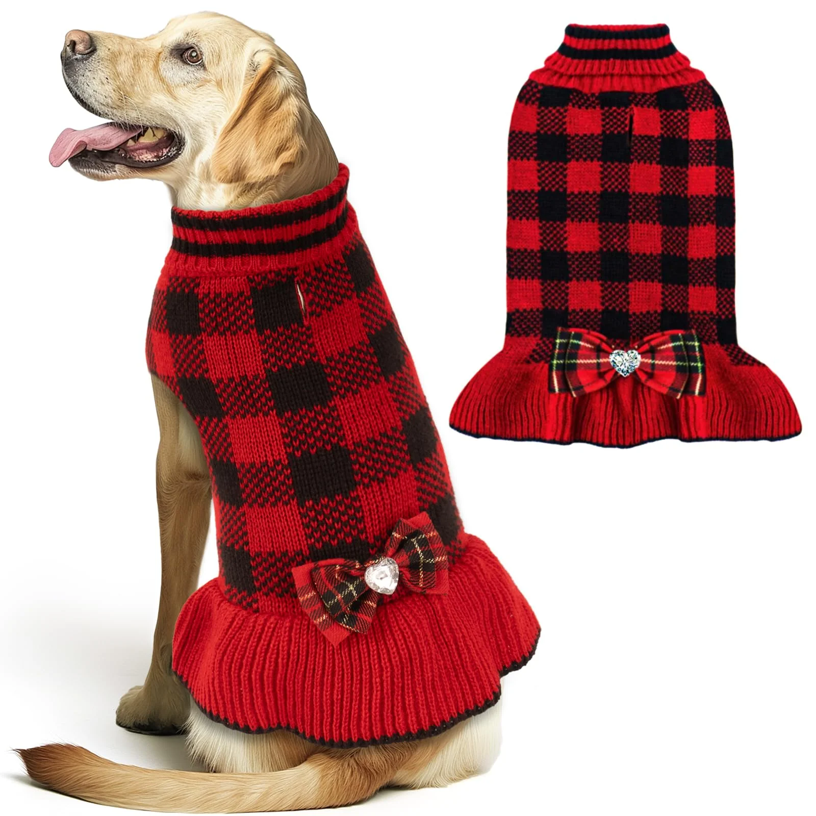 Natural KYEESE Christmas Dog Sweater Dress for Medium Dogs — Leash Hole Buffalo Check Bowtie Long-Lasting