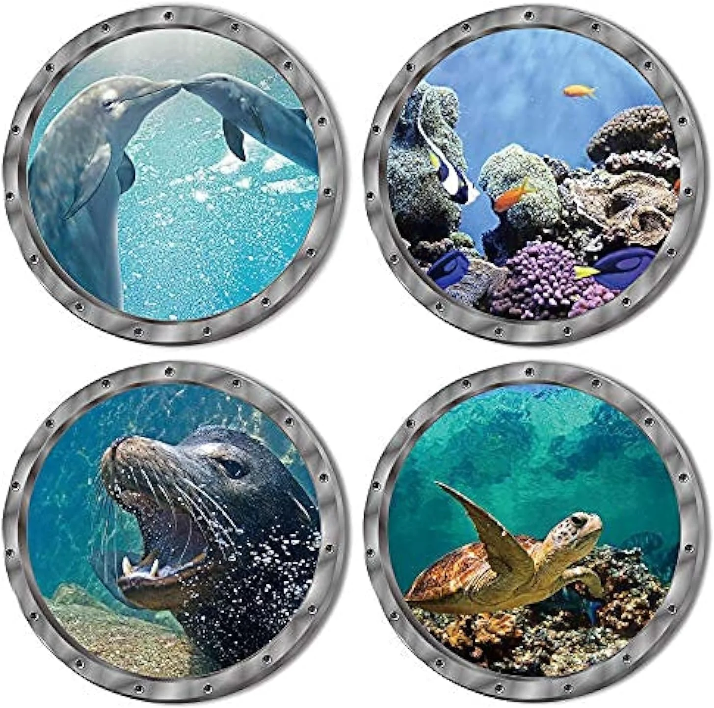 Original Design 4 PCS Removable 3D Under The Sea Nature Scenery Wall Decals - Animals Wall Sticker Home Wall Art Decor for Bathroom Bedroom Door Kids Baby Nursery Room - Includes Turtles Dolphins Sea Lions Coral Optimized