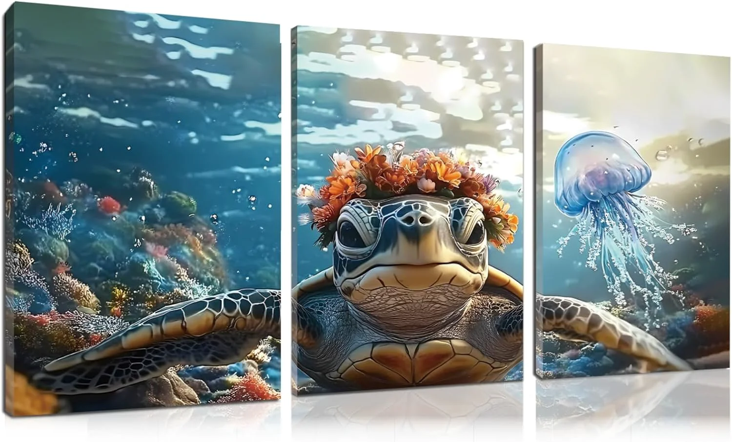 Refined Wiev Sea Turtle Canvas Wall Art Under Sea Wall Art Sea Life Pictures Wall Decor Ocean Animal Painting for Bathroom Living Room Bedroom 16 x 24 x 3 pcs Sustainable