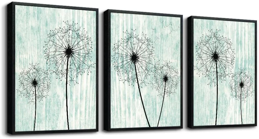 Exclusive AHUASJART Black Framed Wall Art for Living Room Wall decor for Bedroom Room Decor light green background Pictures Dandelion Paintings posters kitchen Home Decorations 3 Piece Framed Prints Artworks Original