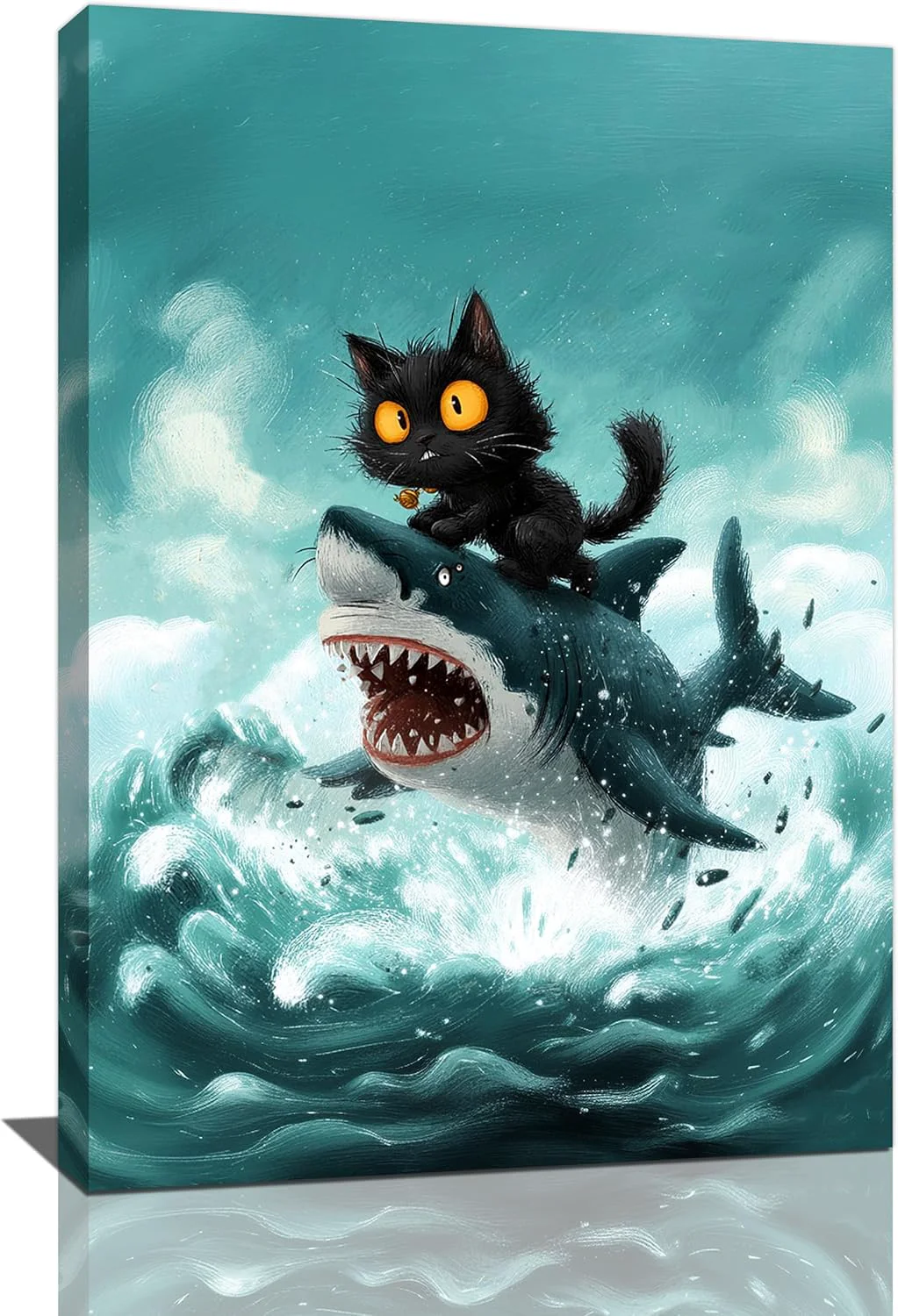 Reusable Funny Black Cat Bathroom Wall Art Cute Cat Riding Shark Canvas Wall Decor Animal Kitten Pictures Painting Print Artwork Framed Decorations Gifts for Cat Lover Kids Room Bedroom 16 x24 Eco-Friendly