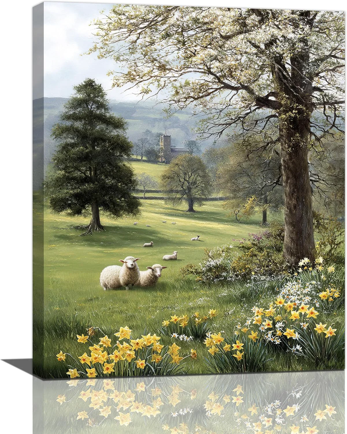 Fashionable Country Sheep Canvas Wall Decor Farmhouse Rustic Lamb Wildflower Wall Art Nature Countryside Landscape Pictures Painting Print Framed Artwork Decorations for Bathroom Living Room Bedroom 16 x20 Detailed