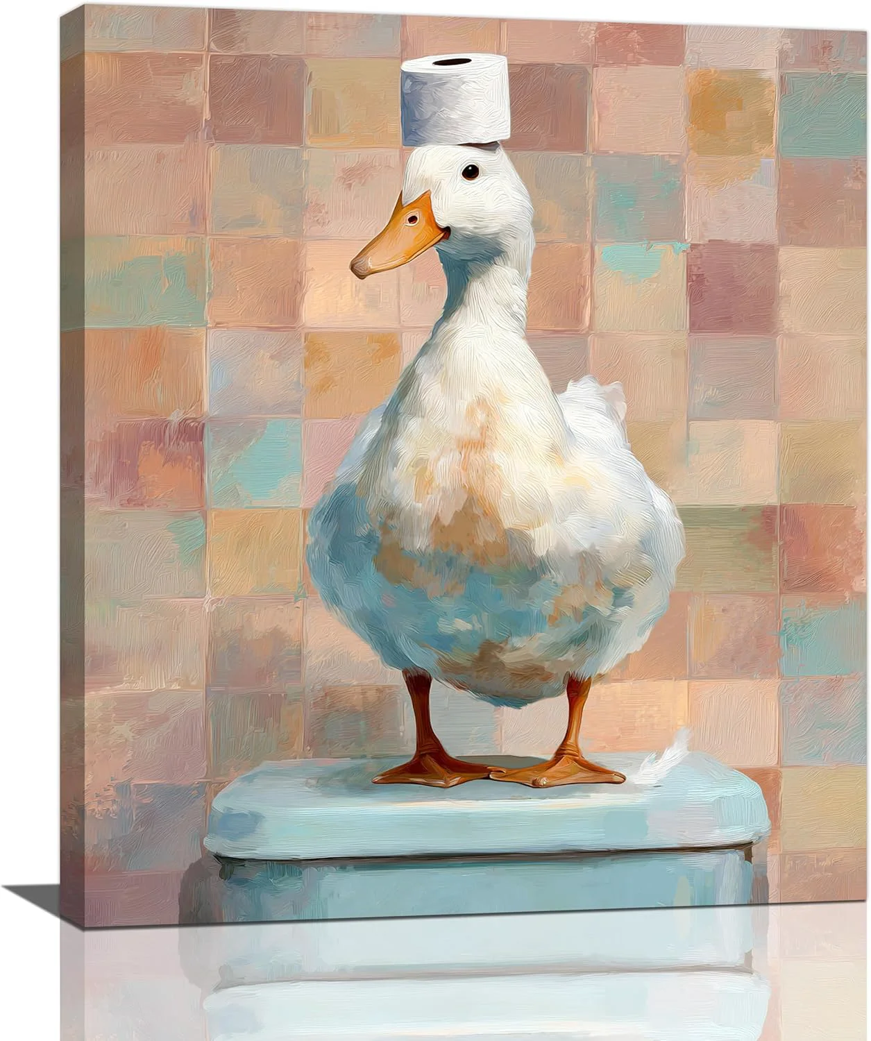 High-End Funny Duck Bathroom Wall Art Cute Duck on Toilet Canvas Wall Decor Funny Quirky Farm Animal Pictures Painting Print Framed Artwork Decorations Gifts for Bathroom 20 x24 First-Class