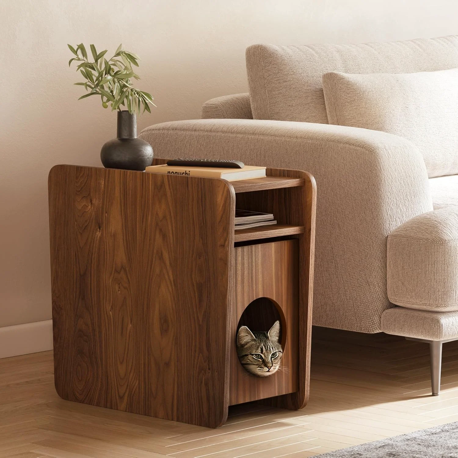 First-Class WERMO 12'' Narrow End Table for Living Room - Small Side Table with Shelf Magazine Holder and Storage Doubling as Cat Hideaway for Couch Chair and Bedside. Wood Night Stand for Bedroom Walnut Green