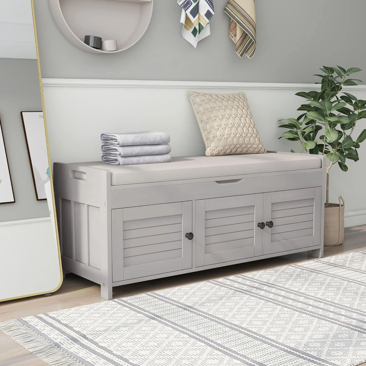 Reusable Storage Bench with 3 Shutter-Shaped Doors Wood Shoe Bench with Removable Cushion and Hidden Storage Space for Entryway Living Room Hallway 43.5 L 16 W 18 H Gray Wash Pine Original