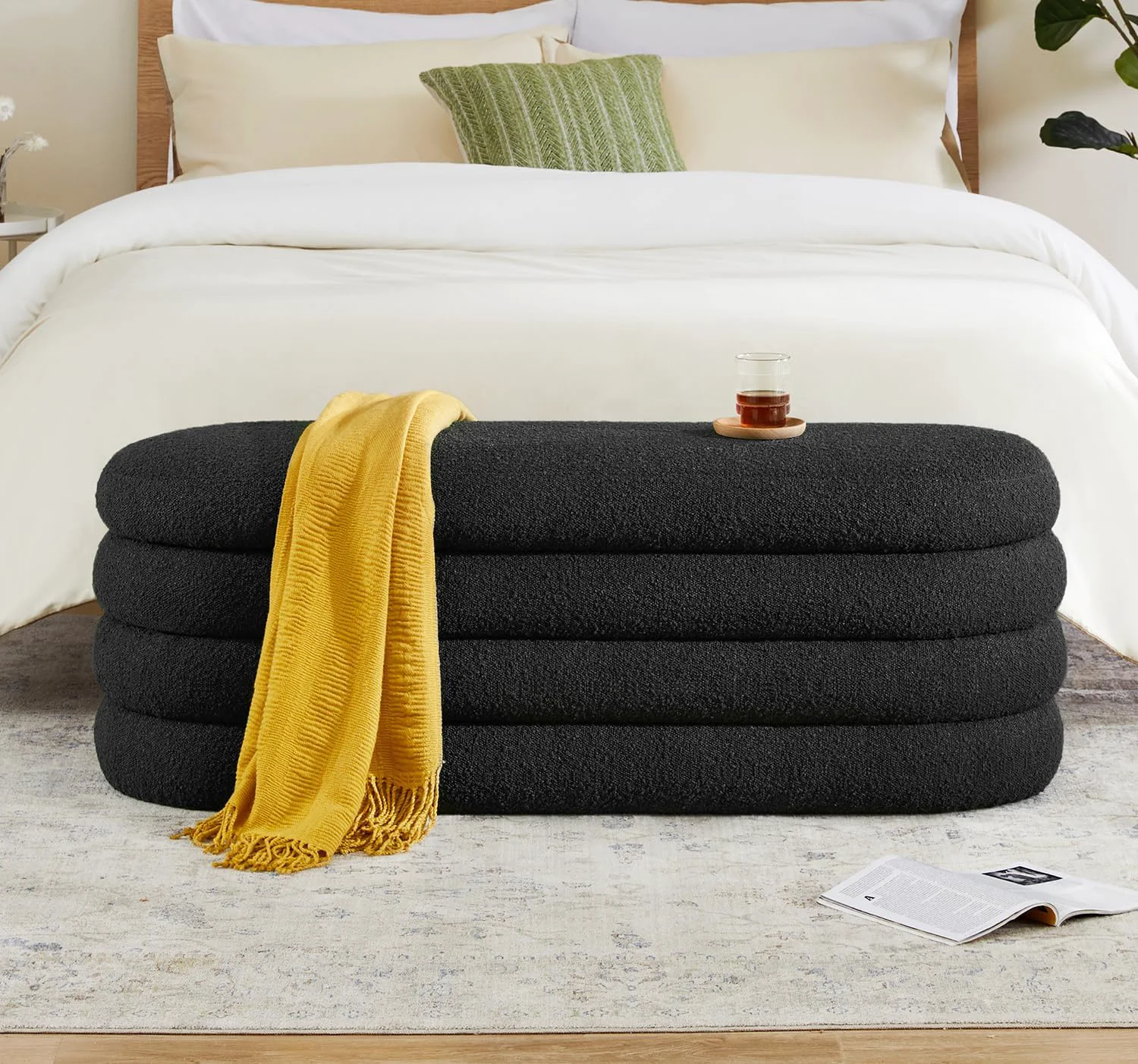 Innovative Storage Ottoman Bench 49.2 Inch Upholstered Fabric Storage Bench for Bedroom End of Bed Aesthetic Large Oval Ottoman for Living Room Entryway Black Solid