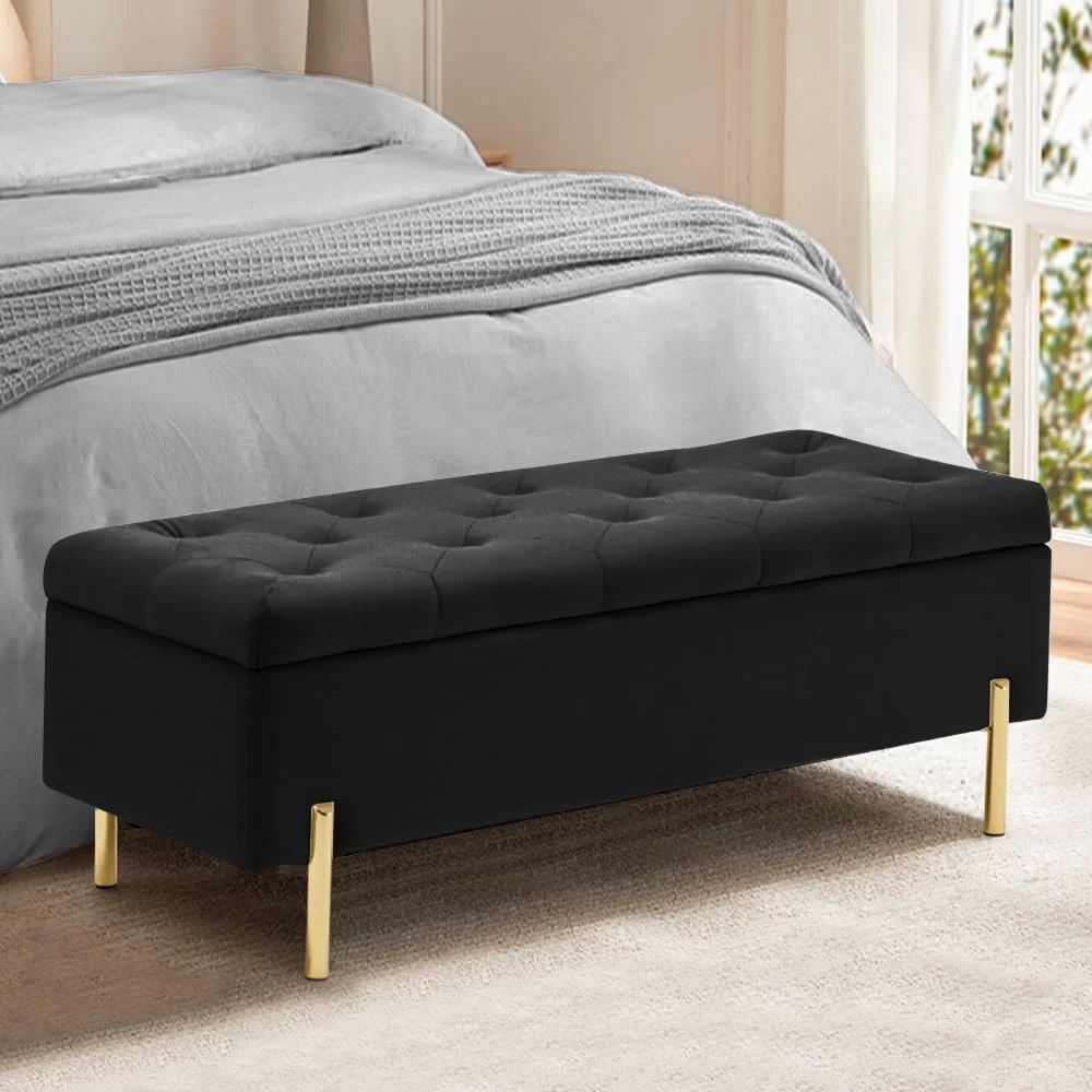 Exceptional 45.6 Inch Velvet Storage Ottoman Rectangular Accent Bench for Bedroom Living Room Black Innovative