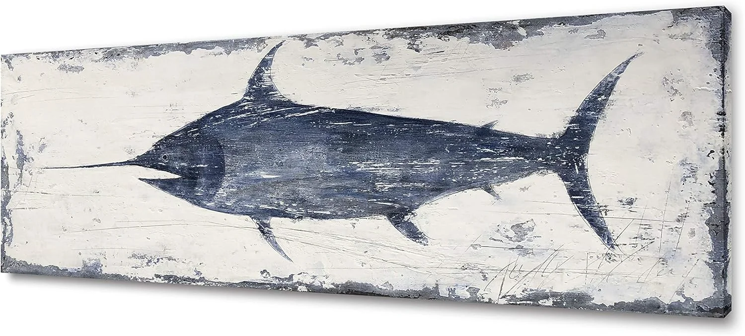 Organic Yihui Arts Indigo Blue Swordfish Canvas Wall Art Painting Pictures for Living Room Bedroom Bathroom Decor Reusable