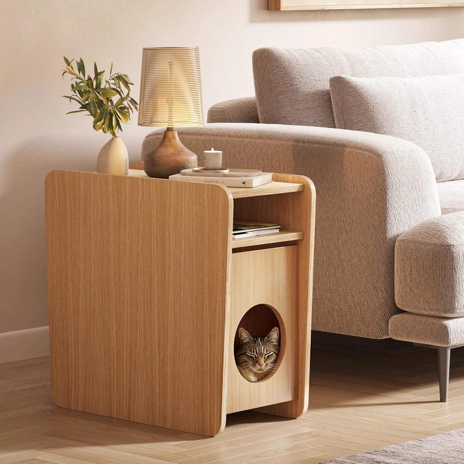 Professional WERMO 12'' Narrow End Table for Living Room - Small Side Table with Shelf Magazine Holder and Storage Doubling as Cat Hideaway for Couch Chair and Bedside. Wood Night Stand for Bedroom Oak Innovative