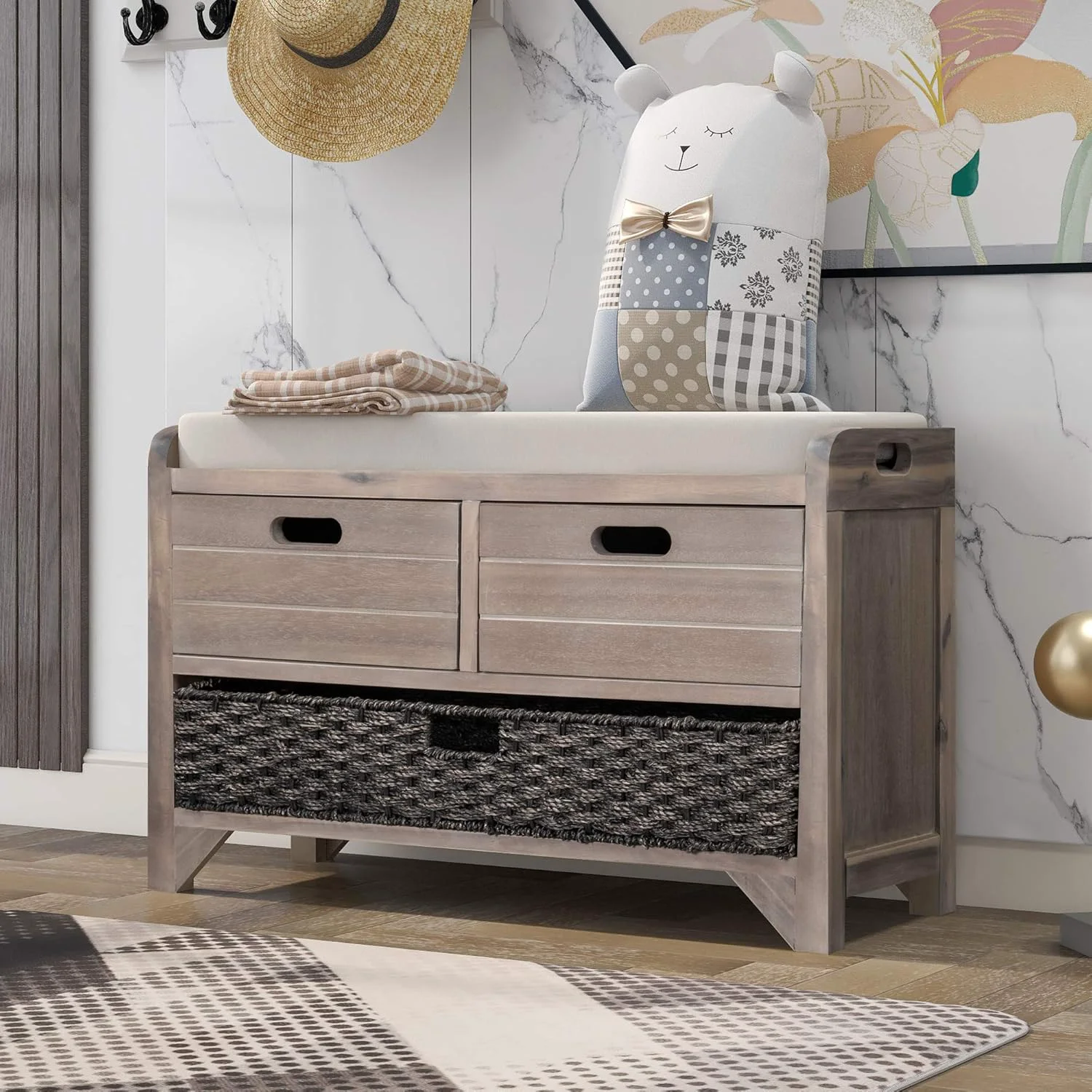 High-Performance Storage Bench Removable Basket 2 Drawers Fully Assembled Acacia Wood Shoe Bench Standing Shoe Rack Removable Cushion for Living Room Entrance Hallway No Assembly Required White Washed Sophisticated