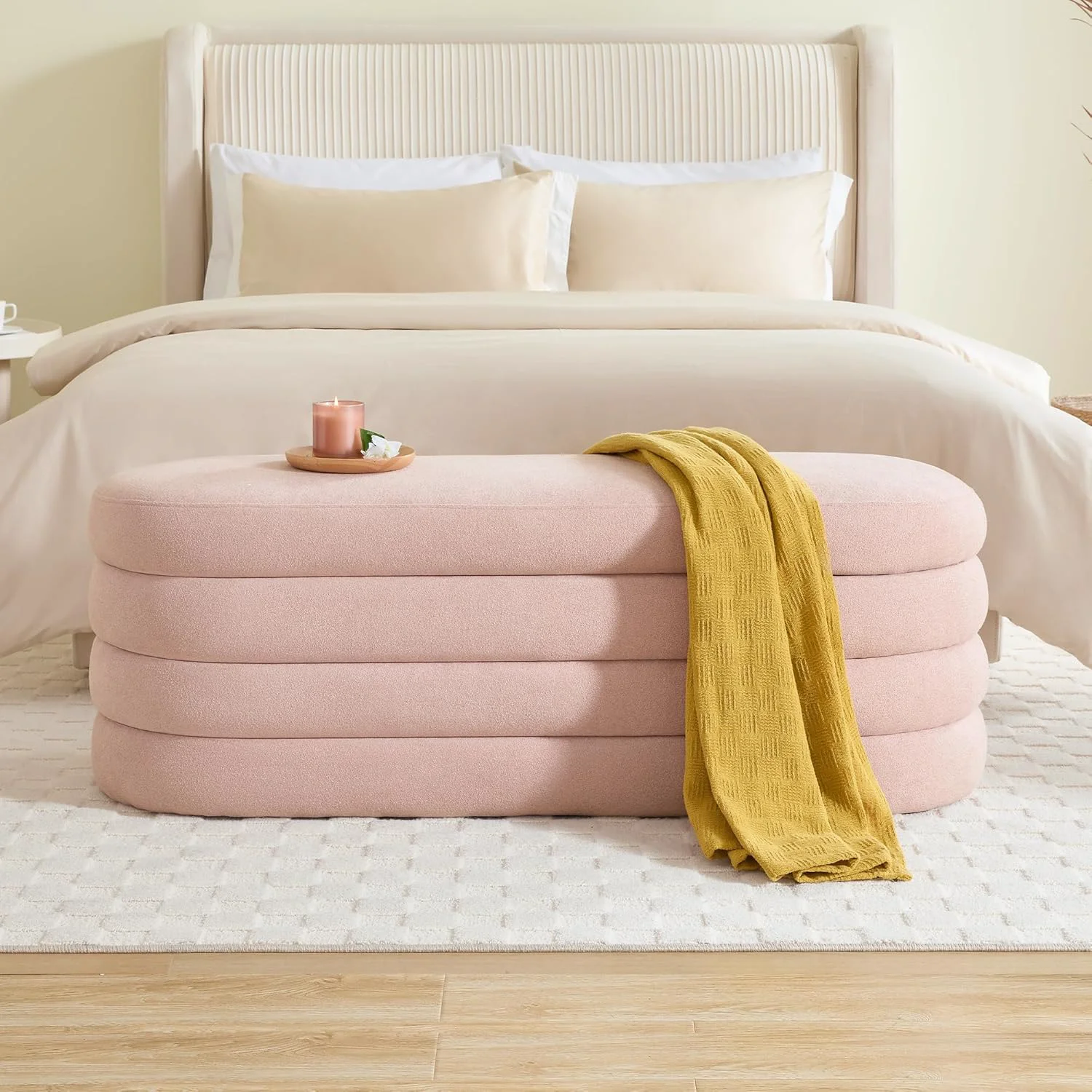 Fine Storage Ottoman Bench 49.2 Inch Upholstered Fabric Storage Bench for Bedroom End of Bed Aesthetic Large Oval Ottoman for Living Room Entryway Pink Flexible
