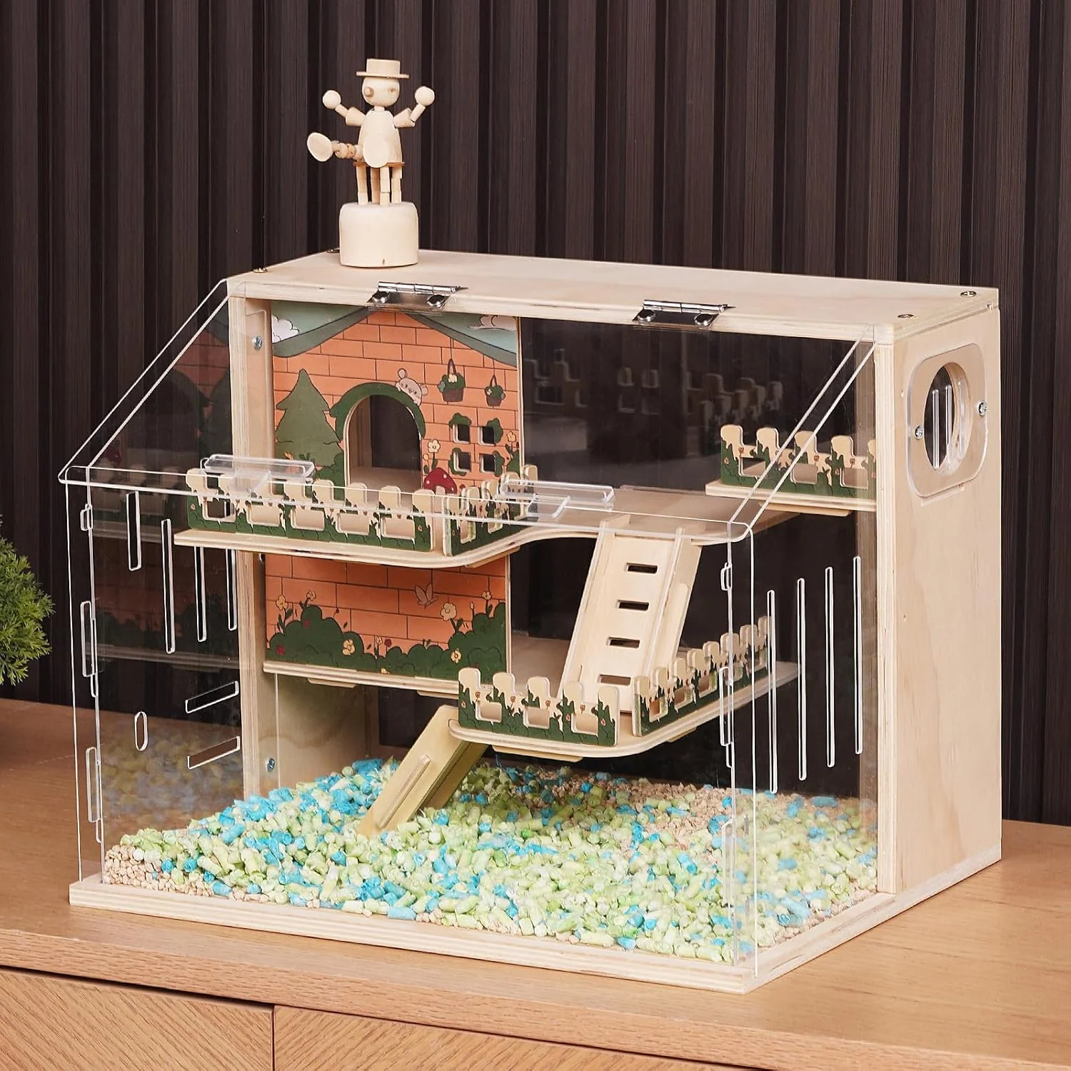 Reusable Wooden Hamster Cage 15.8 3-Layer Acrylic Dwarf Hamster Cages Top Open Small Animal Cages with Stairs Fences Pastoral Style Mouse Cage for Pet Mice Hedgehog Carefully Designed