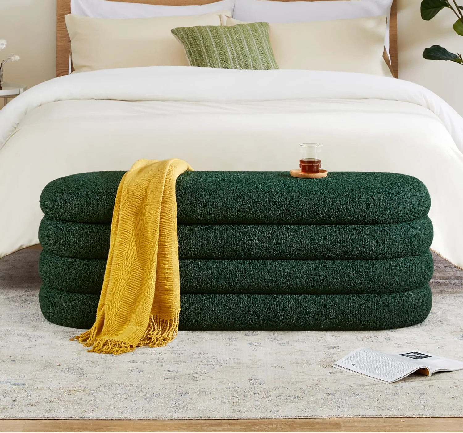 Soft Storage Ottoman Bench 49.2 Inch Upholstered Fabric Storage Bench for Bedroom End of Bed Aesthetic Large Oval Ottoman for Living Room Dark Green Trendy