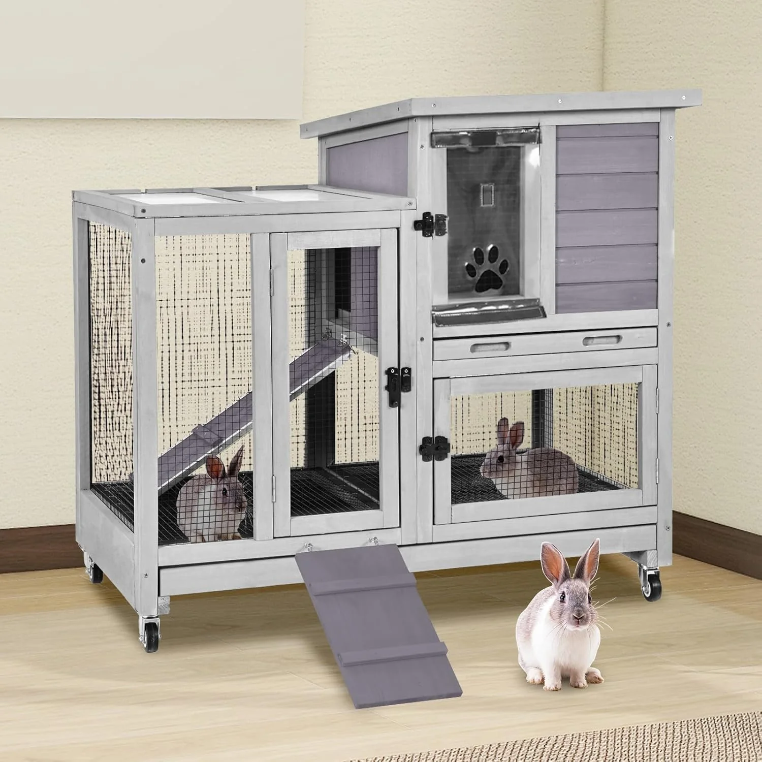 Organic 2-Story Rabbit Hutch Indoor Bunny Cage Outdoor Guinea Pig House with Wire Mesh Floor Leak-Proof Trays Lockable Wheels for Rabbits Guinea Pigs 40.6 L x 26 W x 37.6 H Practical
