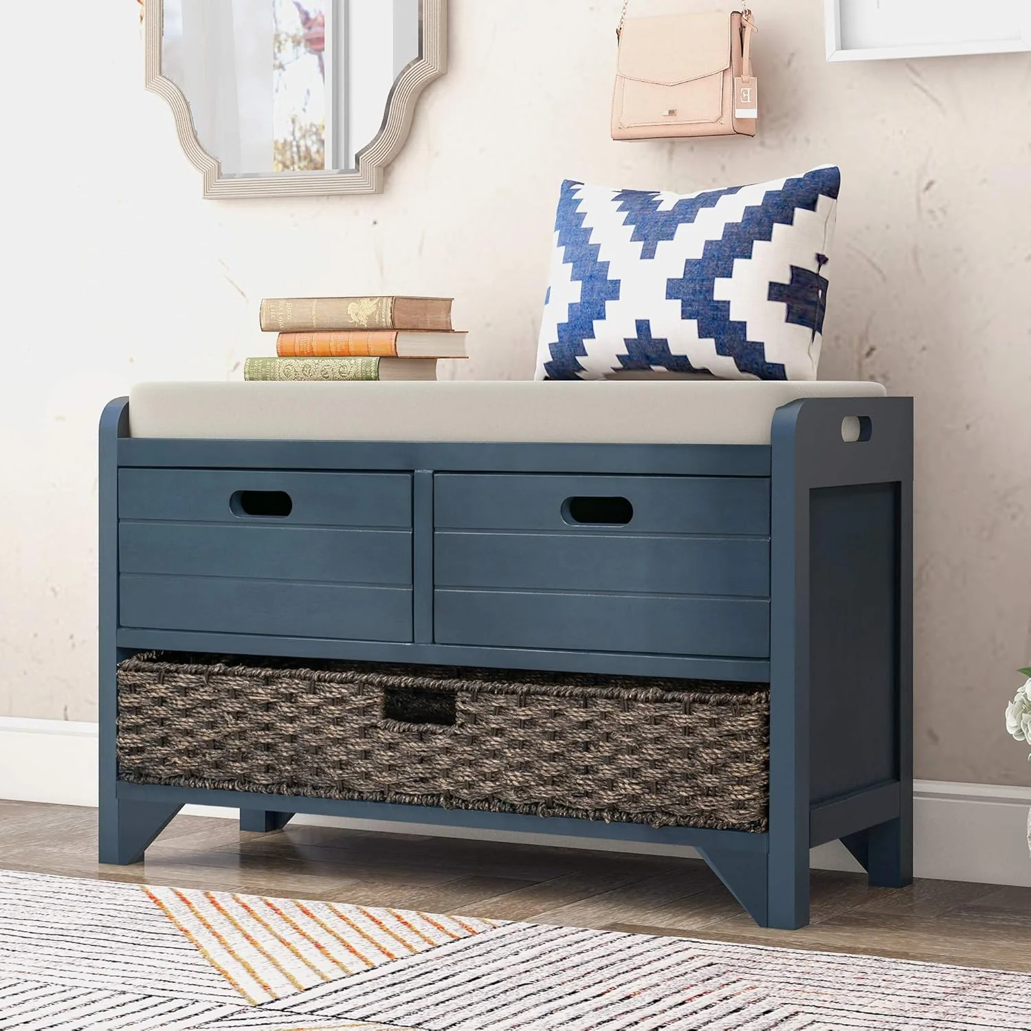 High-End Storage Bench Removable Basket 2 Drawers Fully Assembled Acacia Wood Shoe Bench Standing Shoe Rack Removable Cushion for Living Room Entrance Hallway No Assembly Required Navy Original Design