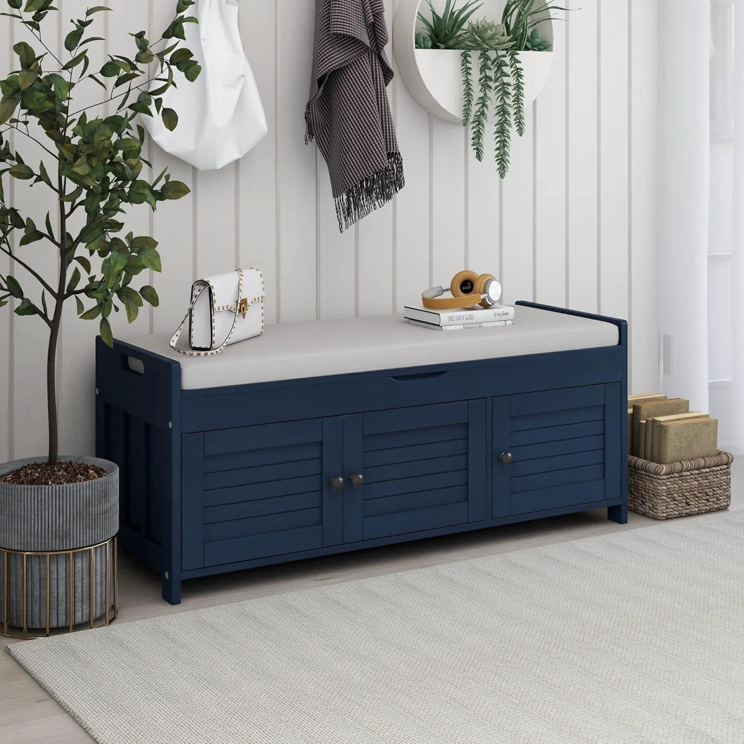 Specialty Storage Bench with 3 Shutter-Shaped Doors Pine Wood Shoe Bench with Removable Cushion and Hidden Storage Space for Entryway Living Room 43.5 L 16 W 18 H Antique Navy Detailed