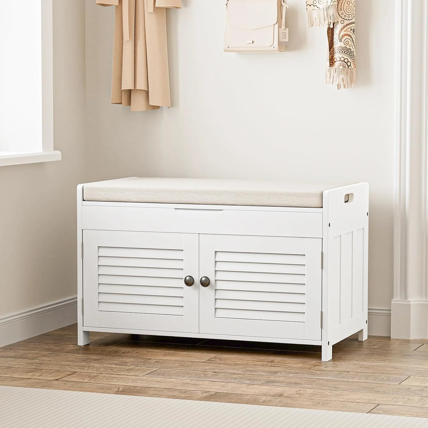 Original Shoe Storage Bench with Lift Top Storage Entryway Bench with Cushioned Seat Adjustable Shelf 2 Tier Shoe Rack with Doors for Entryway Bedroom Hallway Mudroom White Minimalist