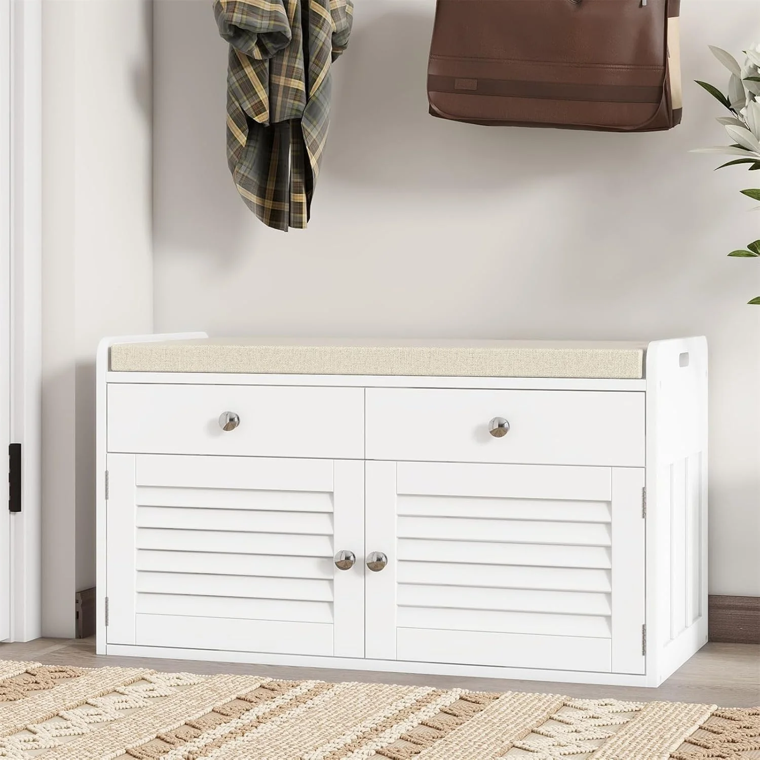 High-Performance Shoe Storage Bench with 2 Drawers 2 Doors Entryway Bench with Cushion 2 Adjustable Shelves Shoe Cabinet for Entryway Living Room Hallway Mudroom Bedroom White Enhanced