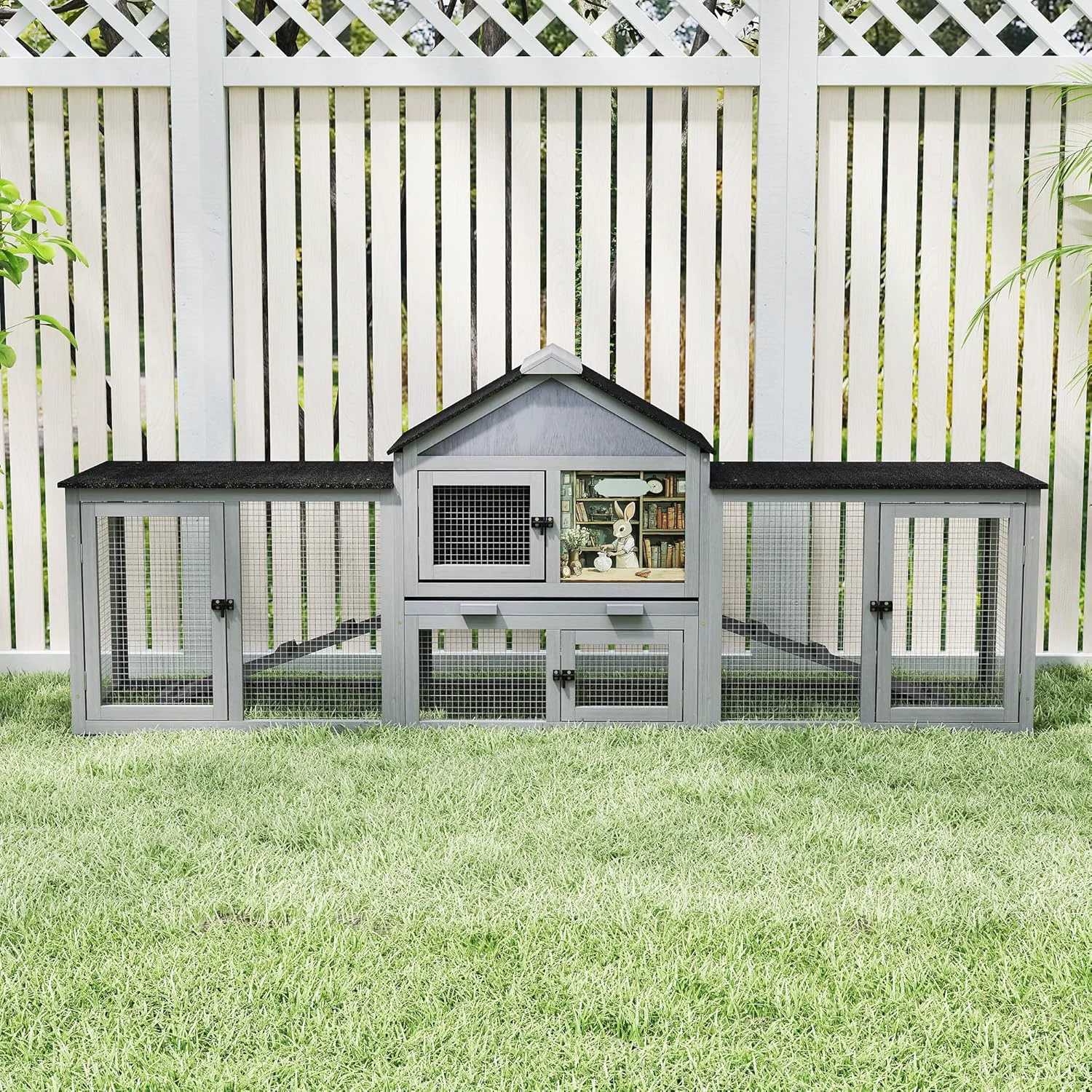 Smart COZIWOW 82inches Extra Large Wood Rabbit Hutch Outdoor Easy to Assemble and Stable Bunny Cage Indoor with Cleaning Tray Waterproof Roof for Small and Medium Bunny Rabbit Chick Grey Secure