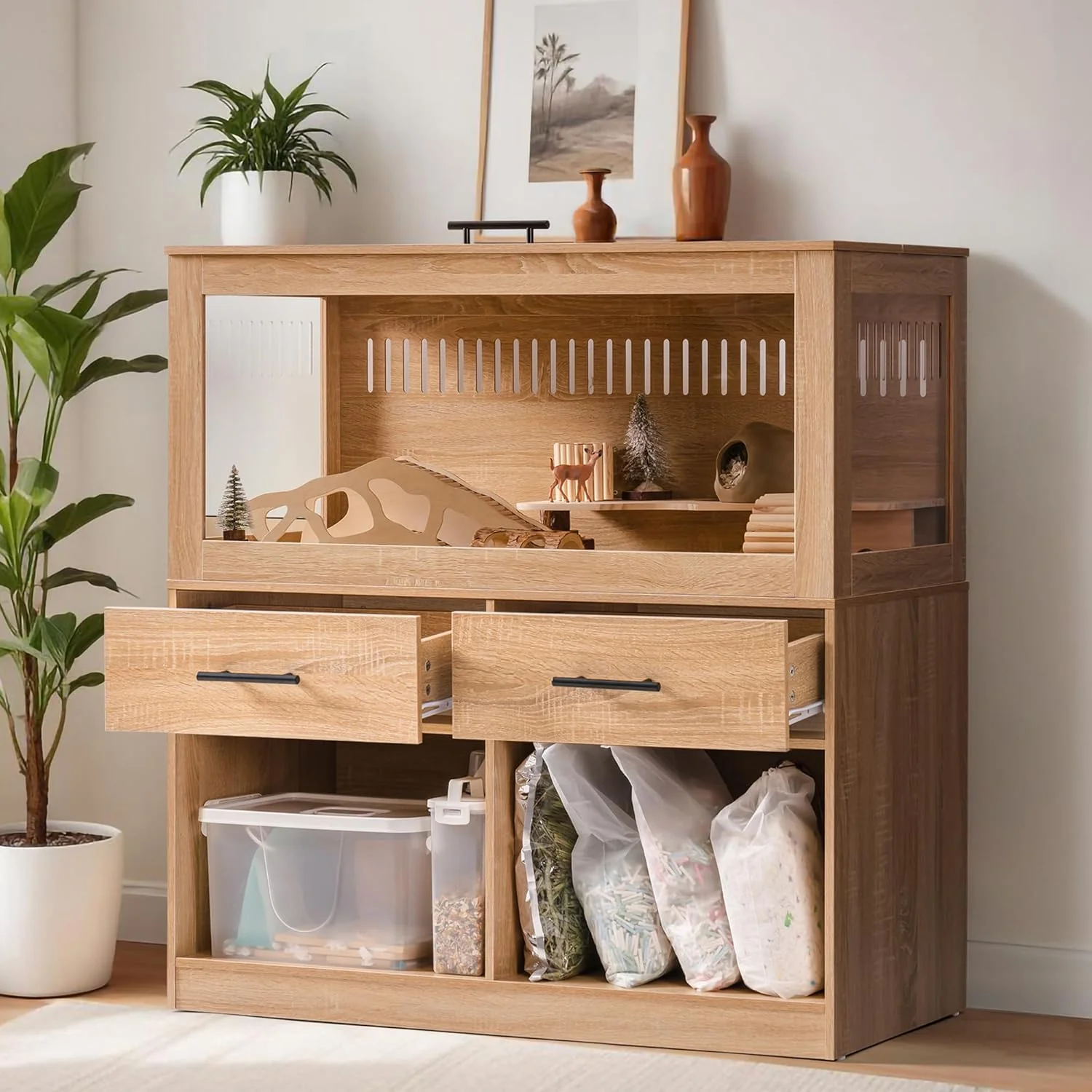 High-Performance Mewoo Large Hamster Cage Hamster Cage with Storage Cabinet Large Habitats Hamster House with View Acrylic Panels and Drawer Small Animal Cage for Guinea Pig Rat Hedgehog Ferret Relaxed