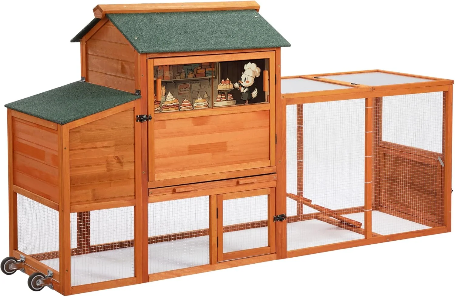 Lightweight COZIWOW 82 Large Wooden Chicken Coop Outdoor Rabbit Hutch with Wheels Sunshine Board Asphalt Roof Ramp Openable Top Door Window Pull-Out Tray Indoor Bunny Cage Orange with Pattern Long-Lasting