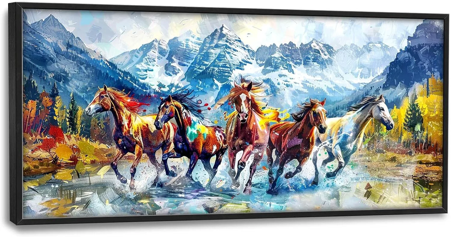 Recyclable Horse Large Wall Art Running Horses Pictures Colorful Horse Mountain Landscape Wall Decor Wild Animal Nature Canvas Print Painting Artwork for Bathroom Living Room Bedroom 60L x 30W Innovative