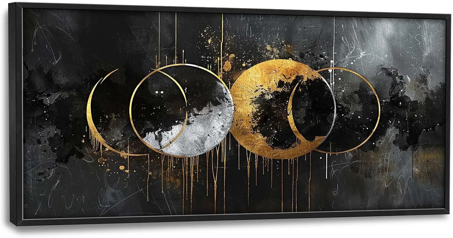 Premium Quorin Abstract Sun Moon Large Wall Art Black and Gold Circle Pictures Sun and Moon Wall Decor Canvas Print Painting Artwork for Bathroom Living Room Bedroom 60L x 30W Fine