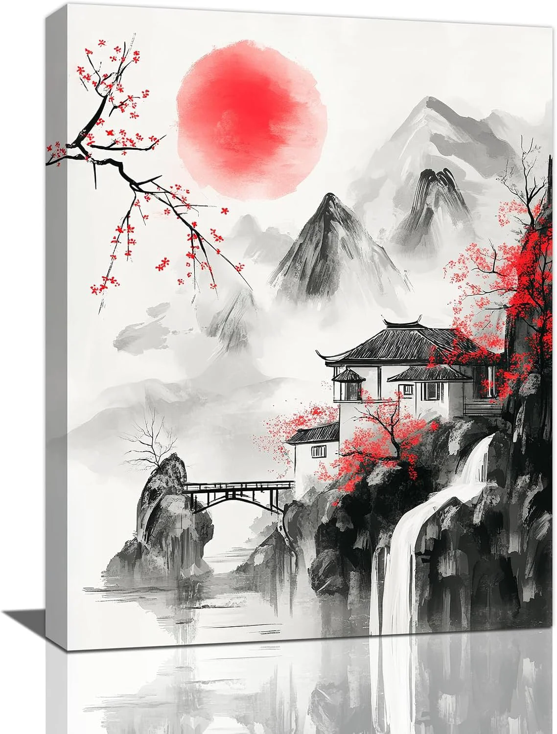 Functional Japanese Wall Art Canvas Asian Nature Wall Decor Prints Framed Painting Mountain Landscape Pictures Gifts Artwork for Bathroom 12 x16 Enhanced
