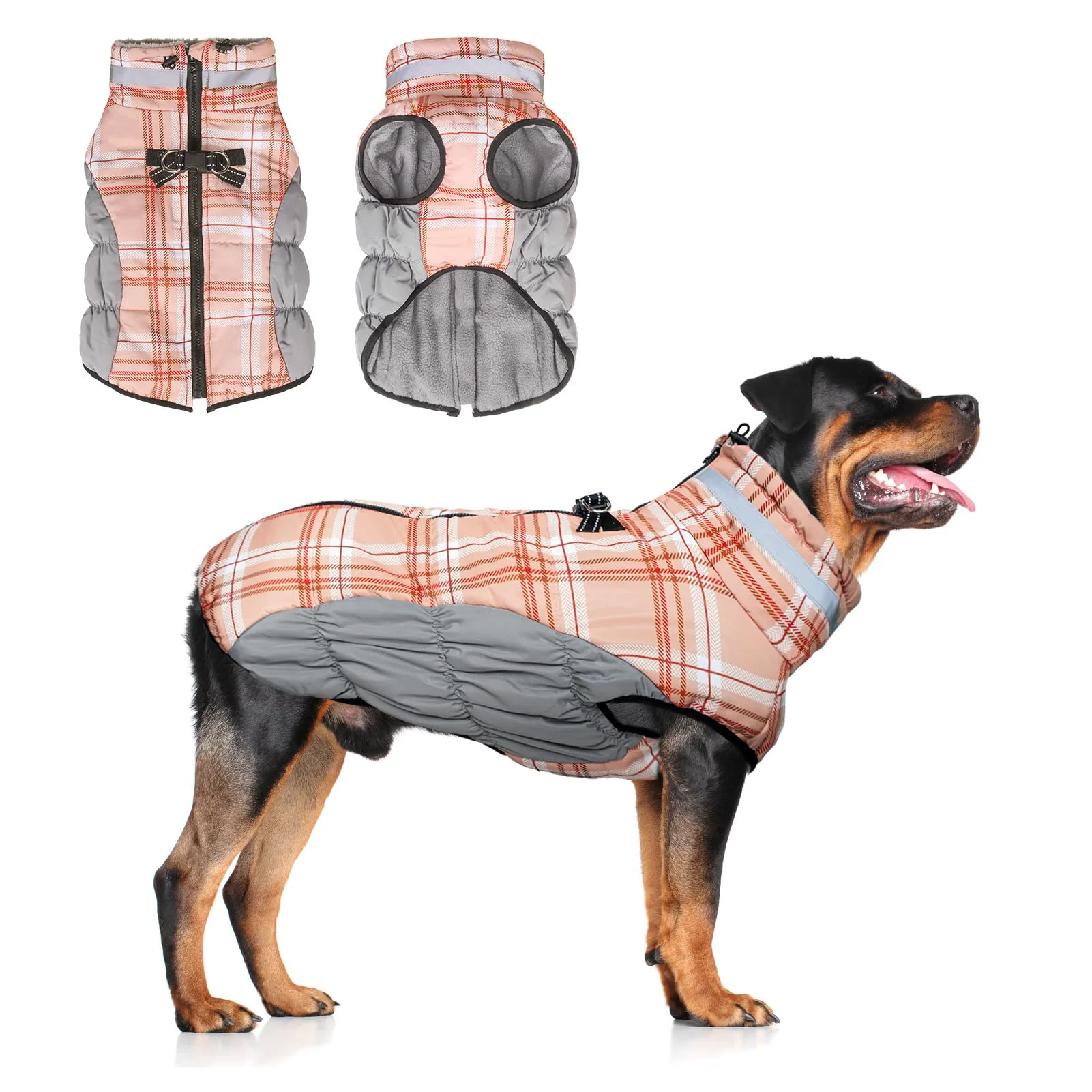 Original BEAUTYZOO Dog Winter Coat with Built-In Harness – Reflective Plaid Puffer Vest for Large Dogs Environmentally Friendly