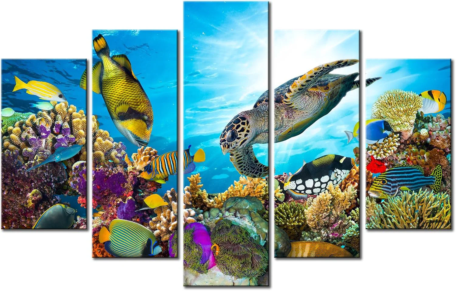 Flexible Xlarge 5 Piece Underwater World Canvas Wall Art Painting Sea Turtles Tropical Fish Swim on Coral Reef in the Sea Ocean Picture Prints Kids Room Wall Decor Stretched and Framed Ready to Hang 40x60inch Soft