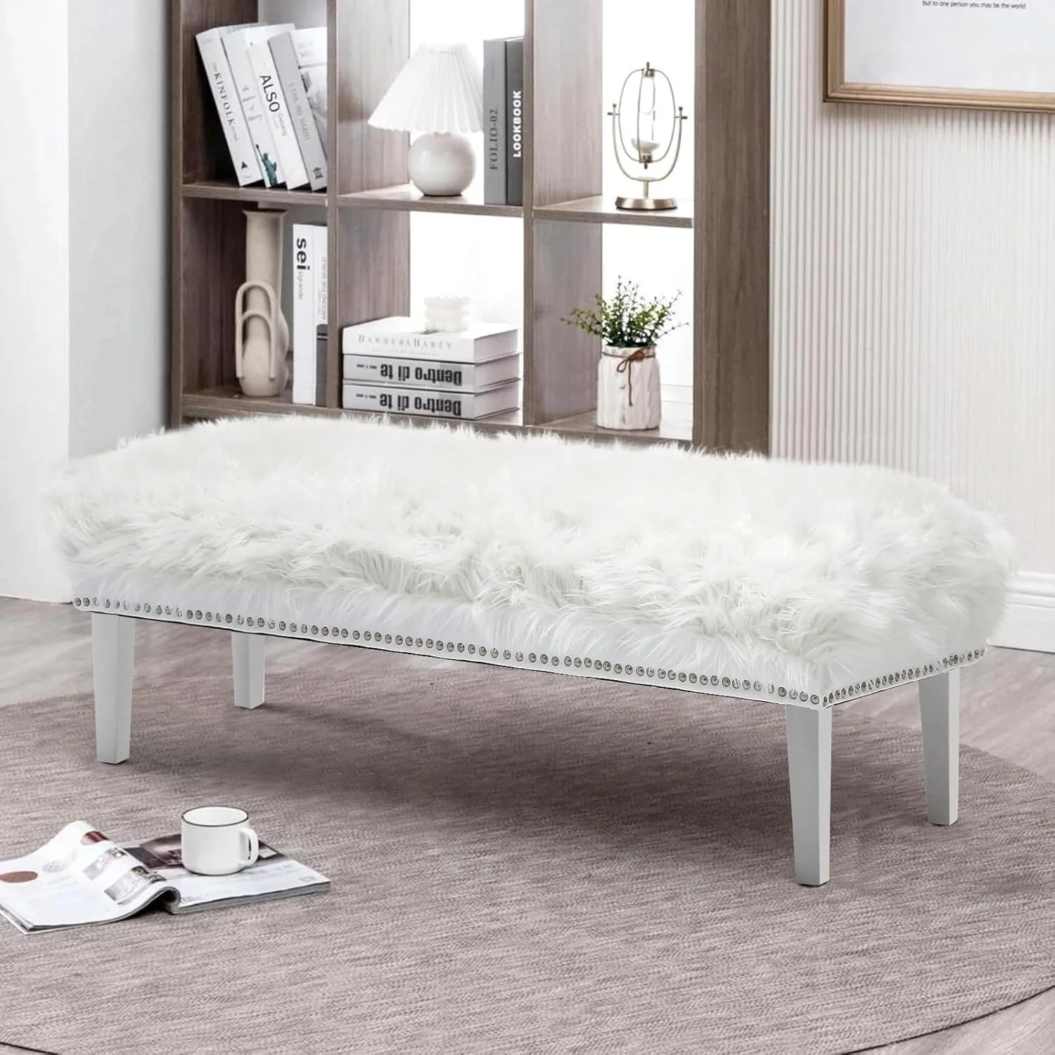 Environmentally Friendly 46 Inch White Bedroom Bench Modern Multi-Purpose Bench with Wooden Legs White Faux Fur Upholstered Bench for Bedroom Living Room or Entryway High-Grade