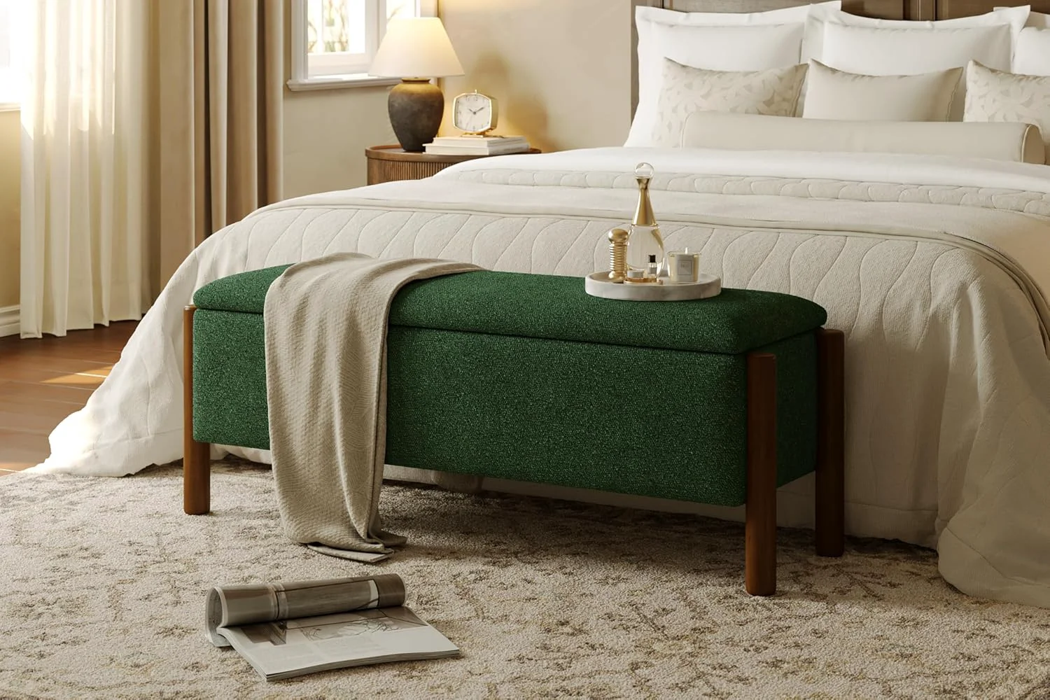 Solid Modern Storage Benches with Walnut Wood Legs 47'' Ottoman Bench with 20 Gallons Storage Space for Bedroom End of Bed Fabric Upholstered Entryway Bench with Seating for Livingroom Green Outstanding