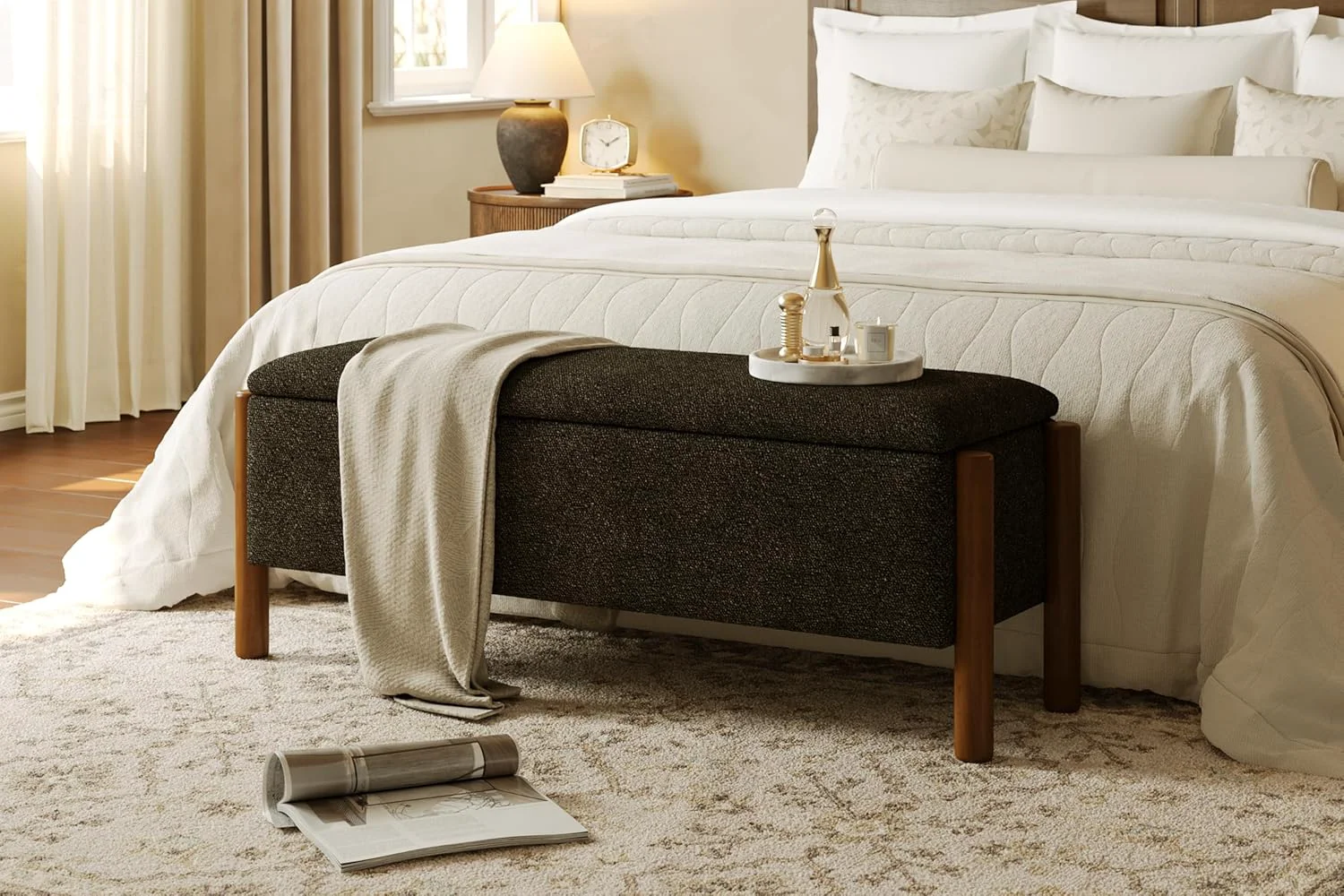 Top-Quality Modern Storage Benches with Walnut Wood Legs 47'' Ottoman Bench with 20 Gallons Storage Space for Bedroom End of Bed Fabric Upholstered Entryway Bench with Seating for Livingroom Gray High-Performance